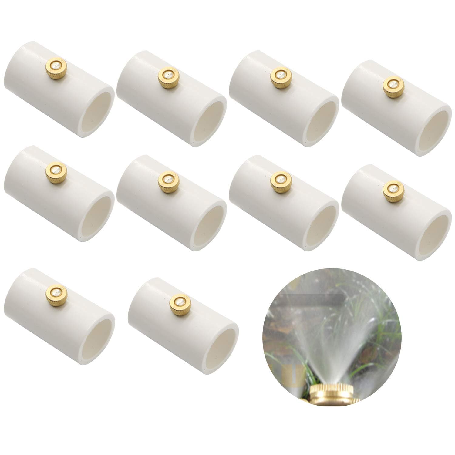 KUWAN 1/2 Inch PVC Pipe Coupling with Brass Nozzle Mister Nozzle (10 pcs Couplings)
