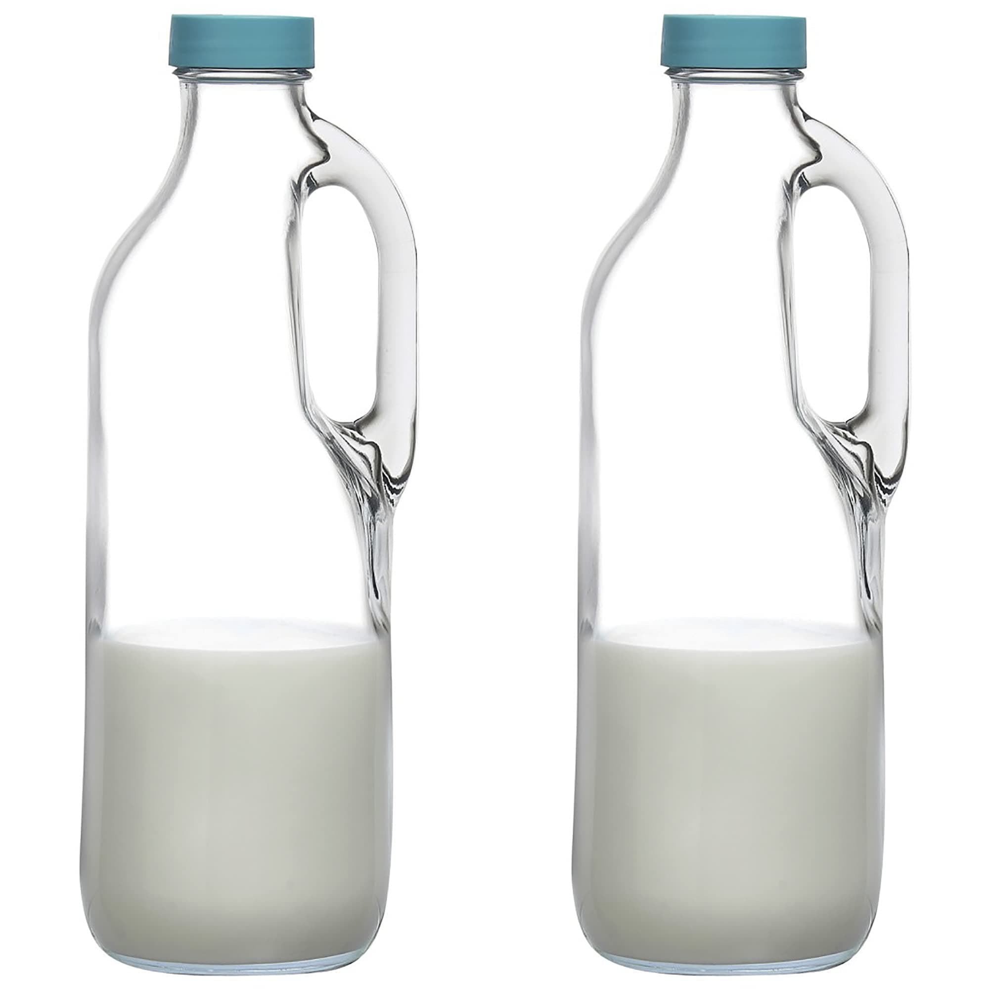 2 Pc 47oz Clear Milk Bottles Pitcher with Handle and Lids - Airtight milk Container for Refrigerator Jug Water Juice Heavy Milk Bottle Liquid Containers for Kitchen