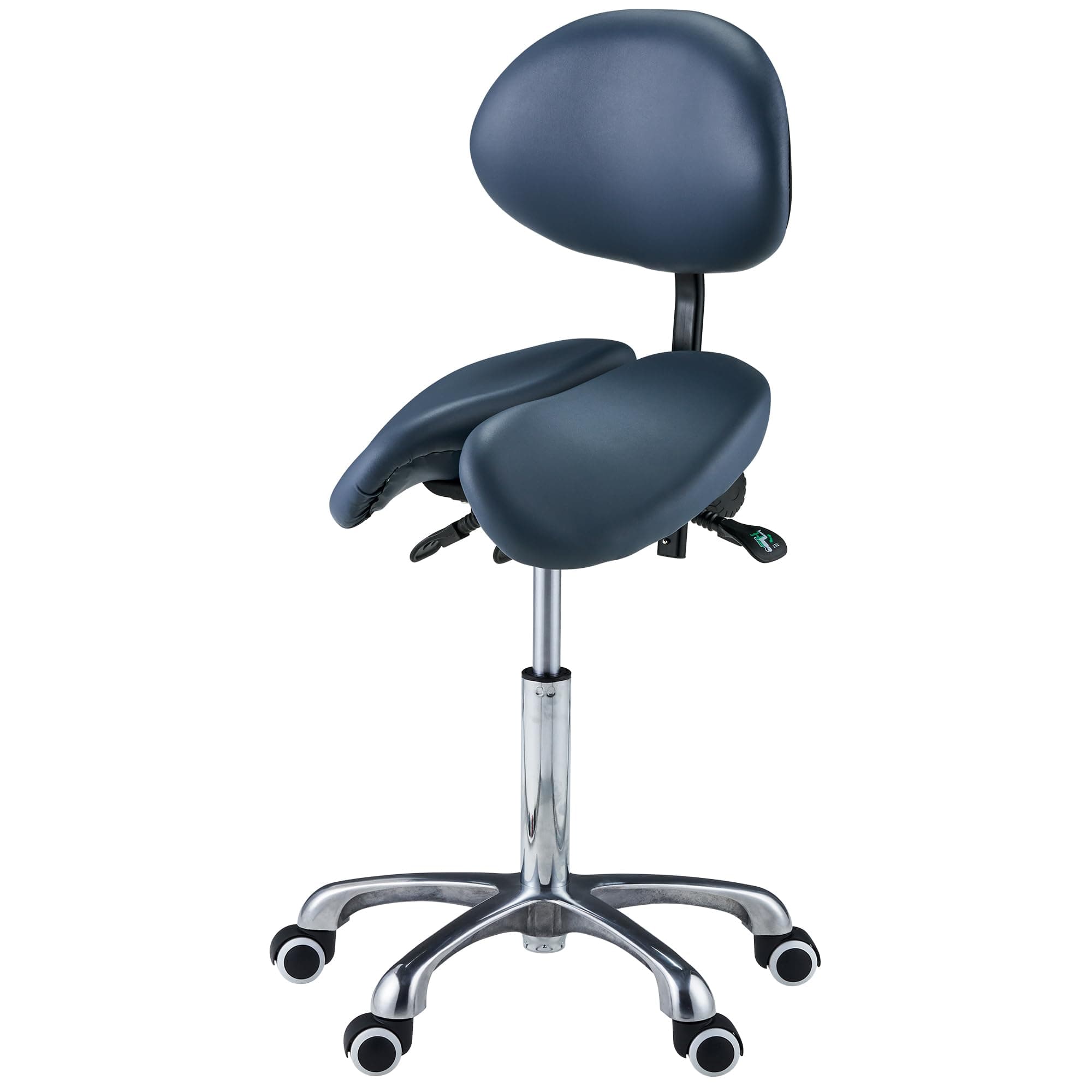 Master Massage Berkeley Ergonomic Saddle Stool with Backrest, Adjustable Split-Seat Design, Hydraulic Swivel Rolling Chair for Posture Correction, Blue