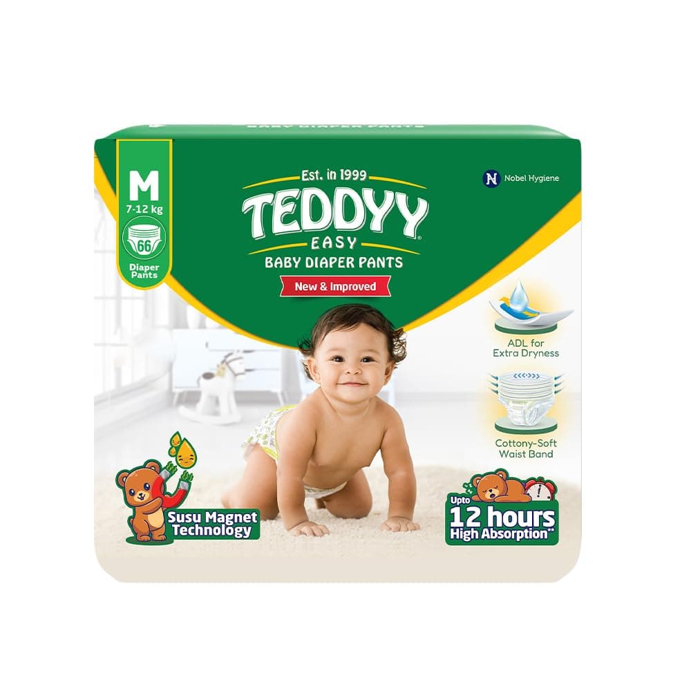 TEDDYY Baby Diapers Pants Easy Medium 66 Count (Pack of 1), 7-12 kgs, 12 hrs Leak Protection, Anti - Bacterial
