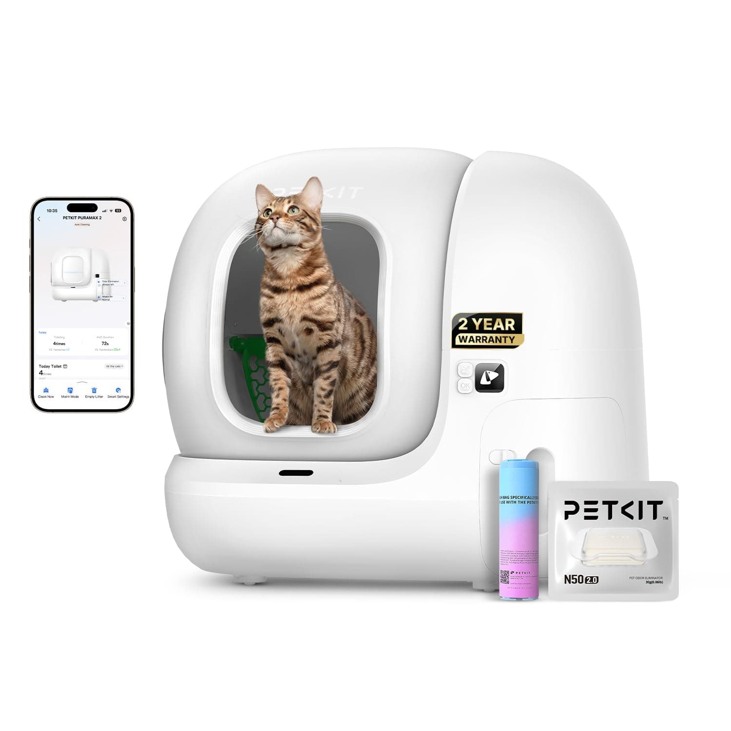 PuraMax 2 Automatic Self-Cleaning Cat Litter Box, App Control Automatic Litter Box with Safety Sensors, Odor Free & Anti-Leakage Basic Bundle Includes Trash Bags,2.4G WiFi & Low Entrance