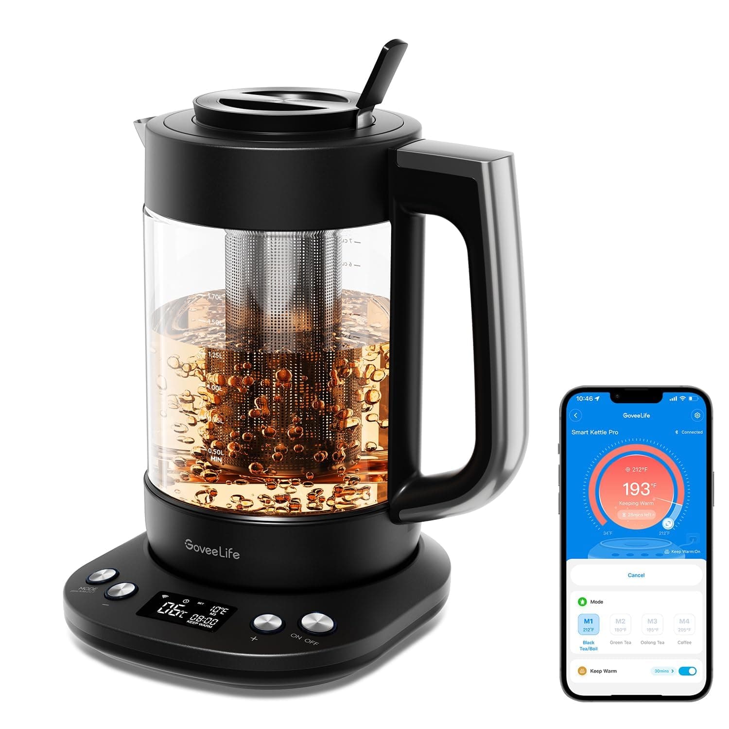 Smart Electric Kettle with Tea Infuser for Loose Leaf, 1.7 L Electric Tea Kettle with Brewing Program, Variable Temperature Control, 2 H Keep Warm & Auto Shut-Off, BPA Free. Black
