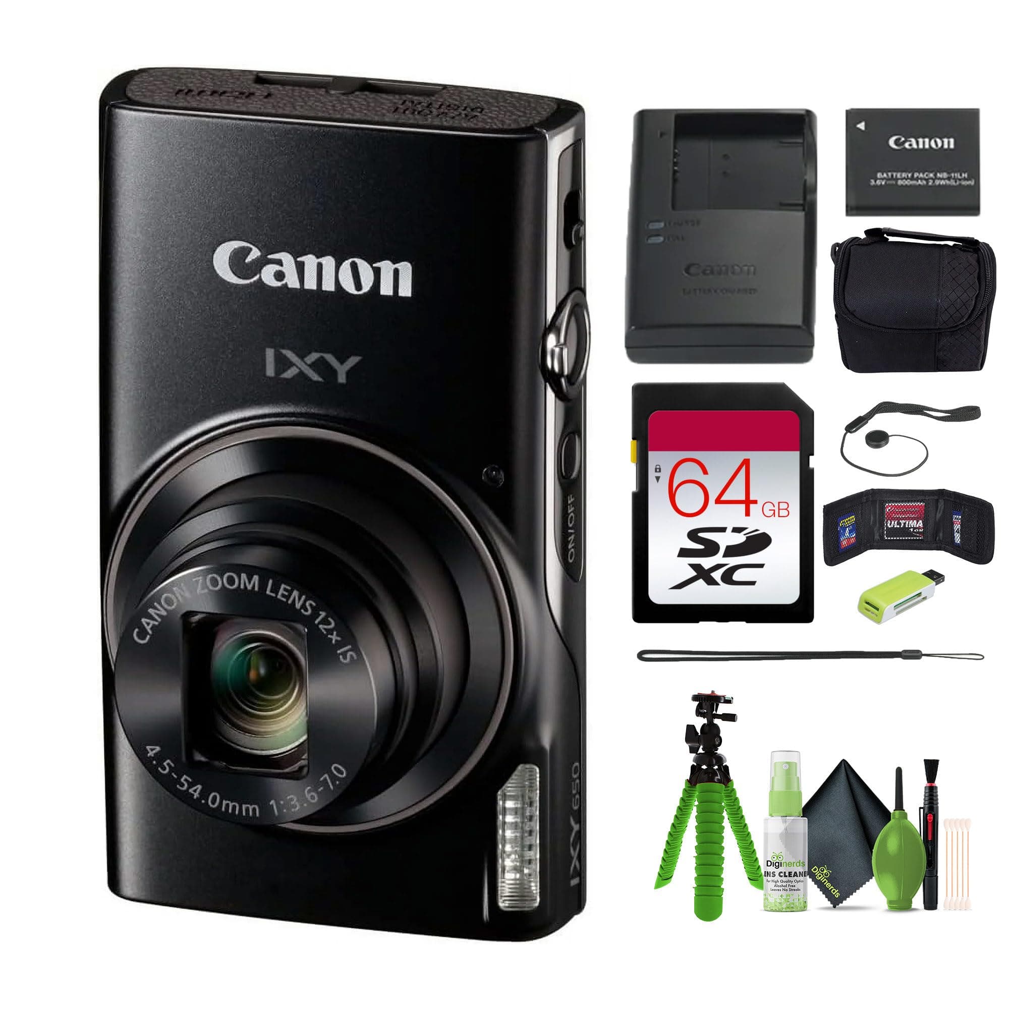 Canon PowerShot IXY 650 (ELPH 360) HS Compact Digital Camera 12x Optical Zoom IXY650 (Black) Bundle with 64GB Memory Card + Camara Bag + Card Reader + Vlogging Tripod + Cleaning Kit + More