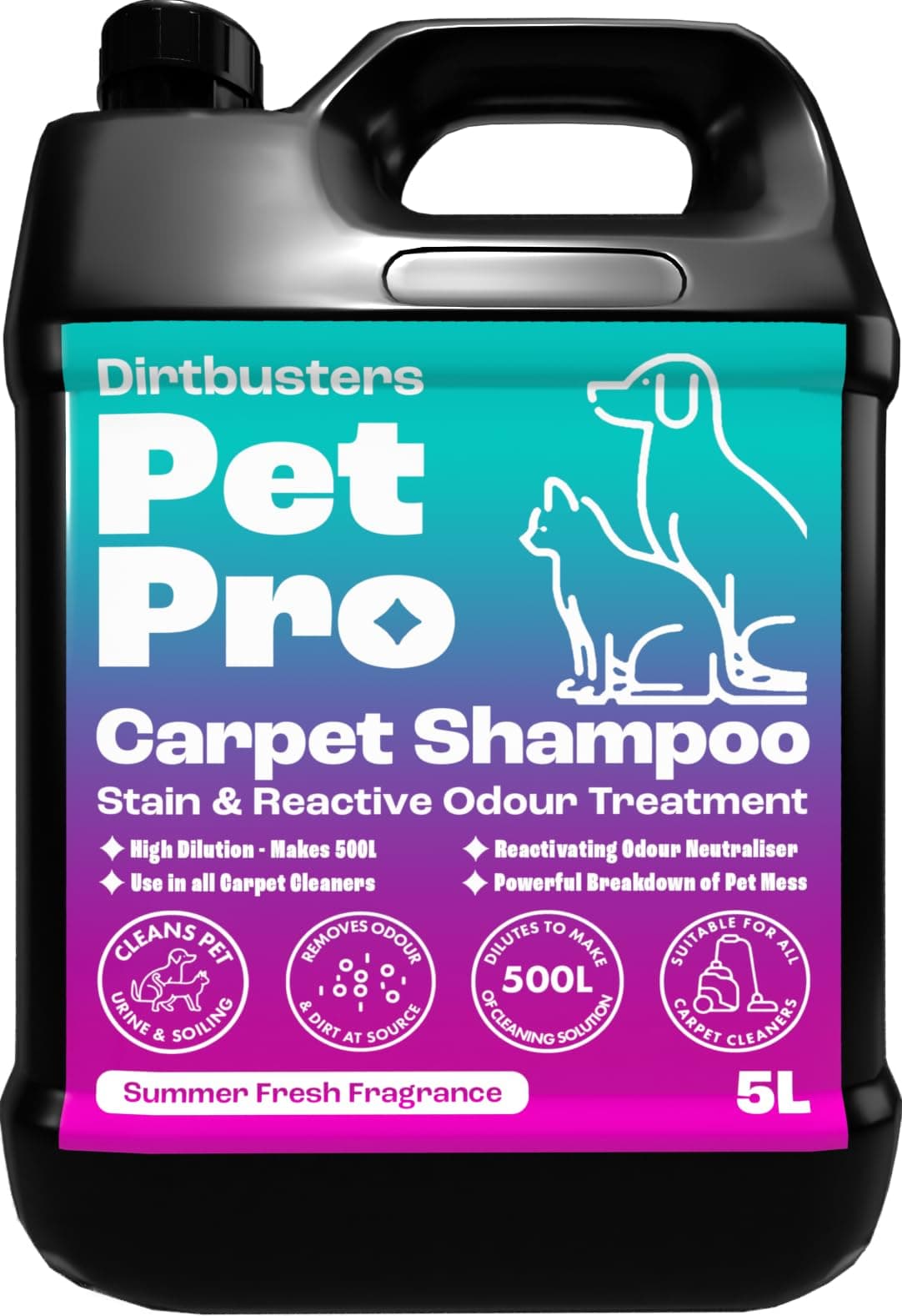 Dirtbusters Pet Pro Carpet Cleaner Shampoo Solution (5L) Deep Cleaning Stain Remover With Odour Neutraliser To Remove Dog & Cat Urine, Makes 500L Of Carpet Cleaner Solution