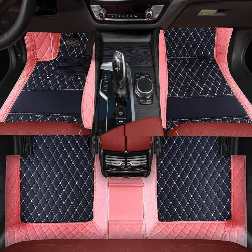 Custom Personalized Floor Mats ,Luxury Full Coverage All Weather Car Floor Mats,Anti-Slip Leather Car Mat Set ,Custom Floor Mat, for 99% of Cars, Trucks & SUV. (Black+Pink)