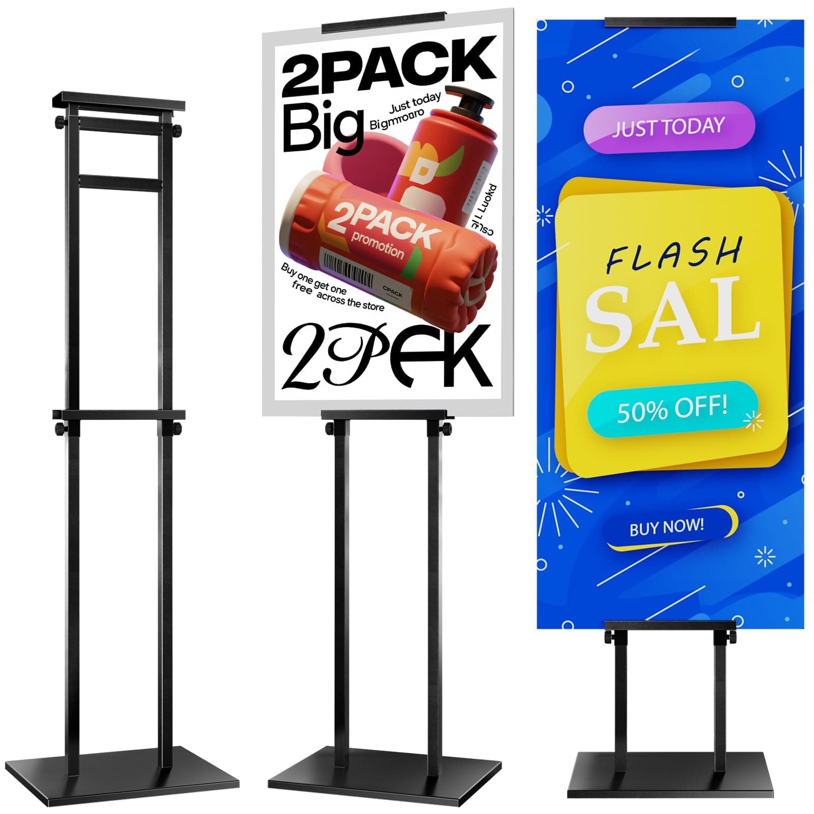 Display Poster Stand, 2 Pack Double Sided Heavy Duty Sign Stand with Non-Slip Base, Adjustable Metal Floor Standing Sign Holder - Up to 75 Inch for Banners, Boards, and Foam Pedestals, BLACK