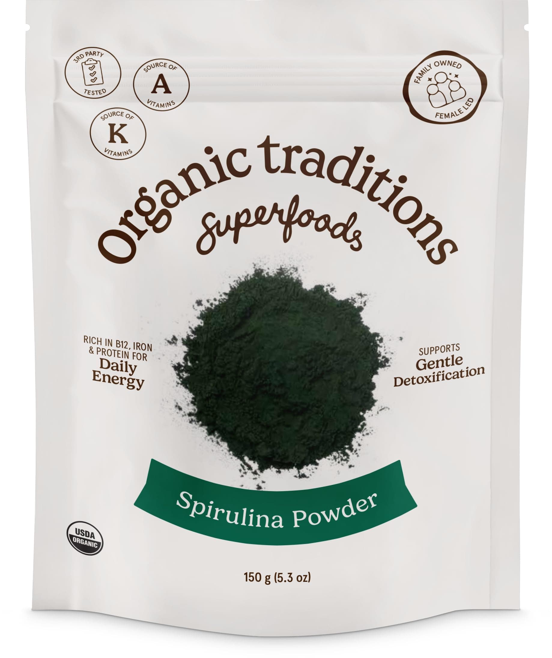 Spirulina Powder Organic, Plant-Based Green Superfood for Smoothies, Rich Algae Powder for Energy Support, Easy Mixing Spirulina for Daily Wellness Routines, 150g / 5.3oz Bag