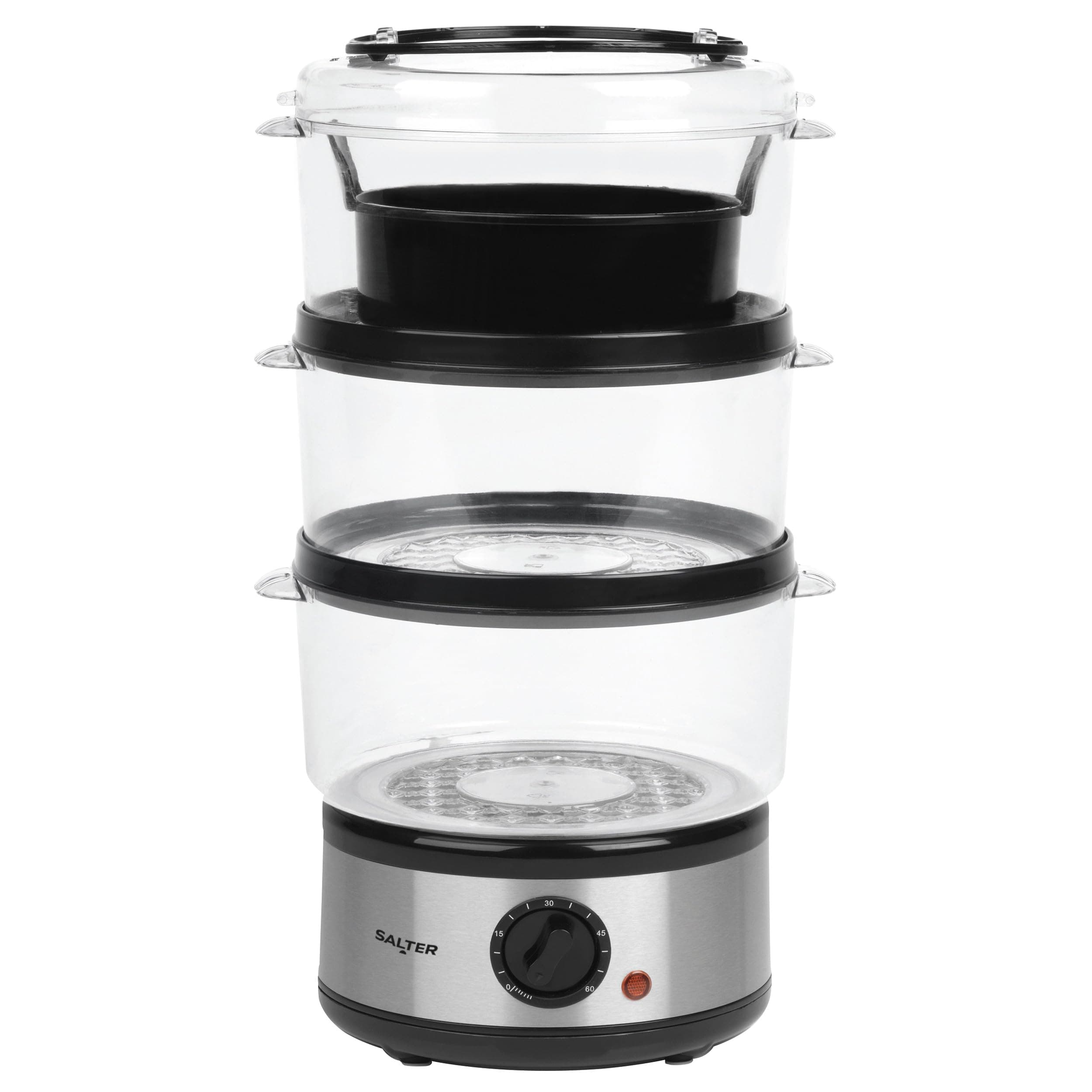 Salter 3 Tier Electric Food Steamer - 7.5L, Stackable Steaming Baskets, Dishwasher Safe, BPA Free Includes Rice Bowl, 60 Minute Timer, Compact Storage, Healthy Cooking Vegetables & Fish, 500W