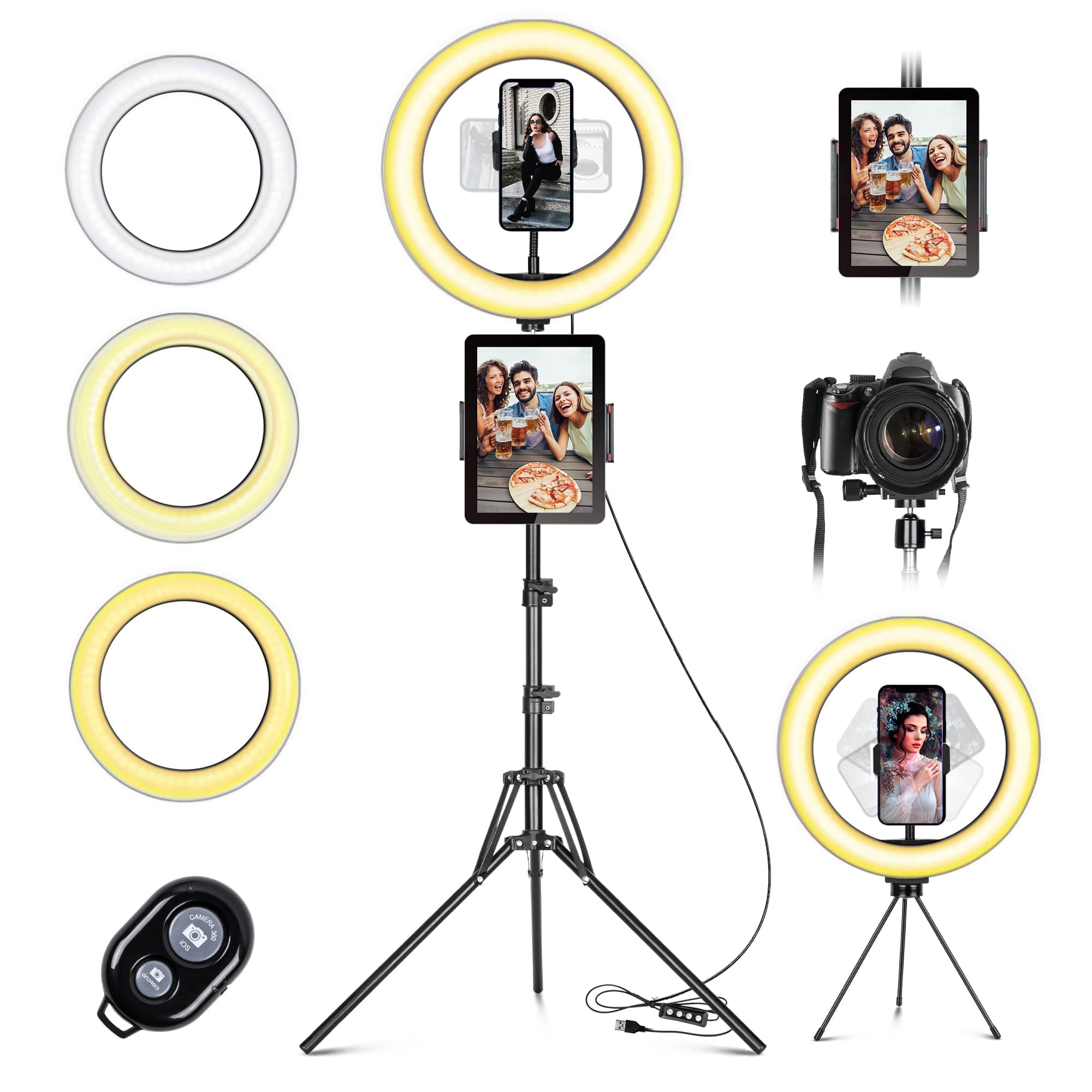 daphomeuRing Light with Tripod Stand & Phone Holder, 10" LED Selfie Ring Light 3 Color Modes and 10 Brightness Dual Phone Holders Bluetooth Receiver for Makeup, Live Streaming, Tiktok, YouTube Video