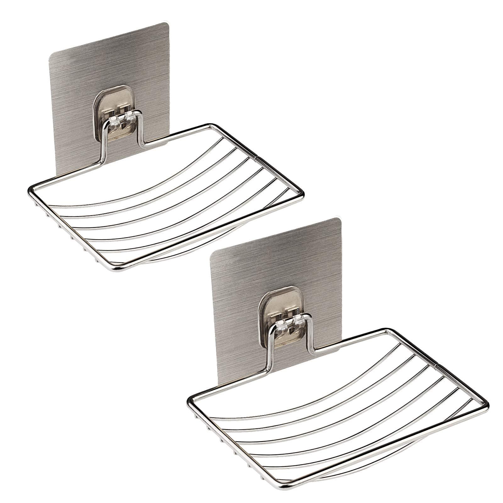 MEZOOM Soap Dish Holder, 2 Pack Self Adhesive Wall Mounted Soap Sponge Holder Stainless Steel Storage Saver Rack for Home Kitchen Bathroom Shower (Soap Dish Holder)