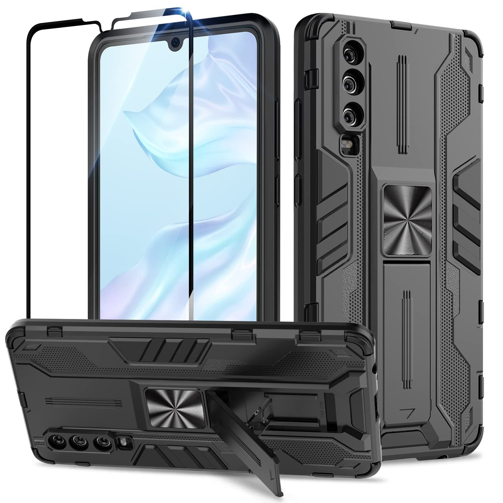 Case for Huawei p30 and Screen Protector Tempered Glass, Heavy Duty Shockproof Tough Armour Case with Stand Protective Personalised Phone Cover - Black