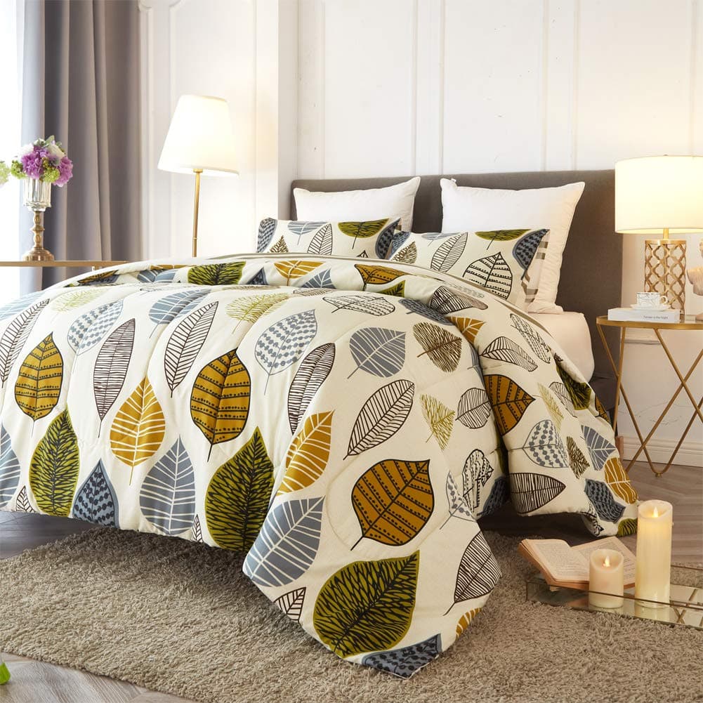 AiMay Cotton Comforter Set 3 Piece Bedding Sets Hotel Collection Super Soft Heavy Weight Reversible Comfortable Breathable Hypoallergenic (King, Leaves)