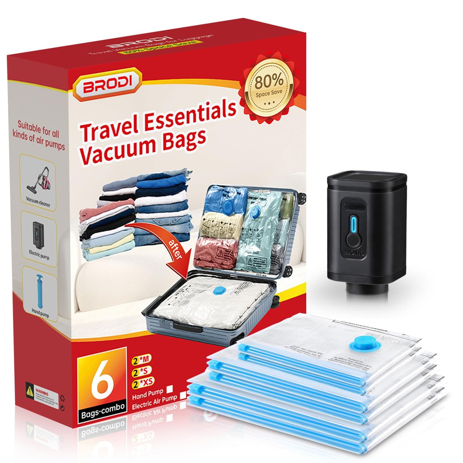BRODI 6 Combo Pack Vacuum Storage Bags With Pump - Compression Bags for Space Saver & Travel Essentials, Clothing, and Luggage