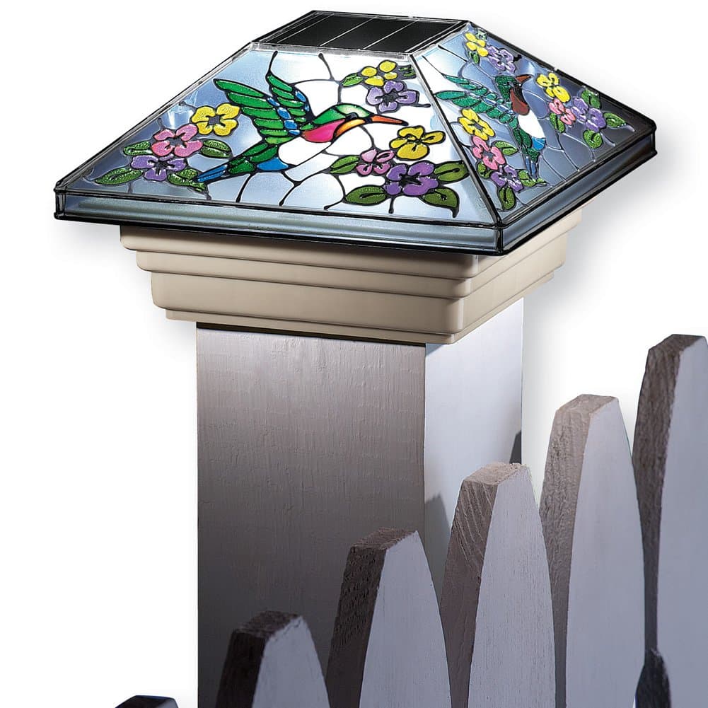 Collections Etc Spring Solar Fence Post Cap Light with Beautiful Colorful Flowers and Hummingbirds, Hummingbird