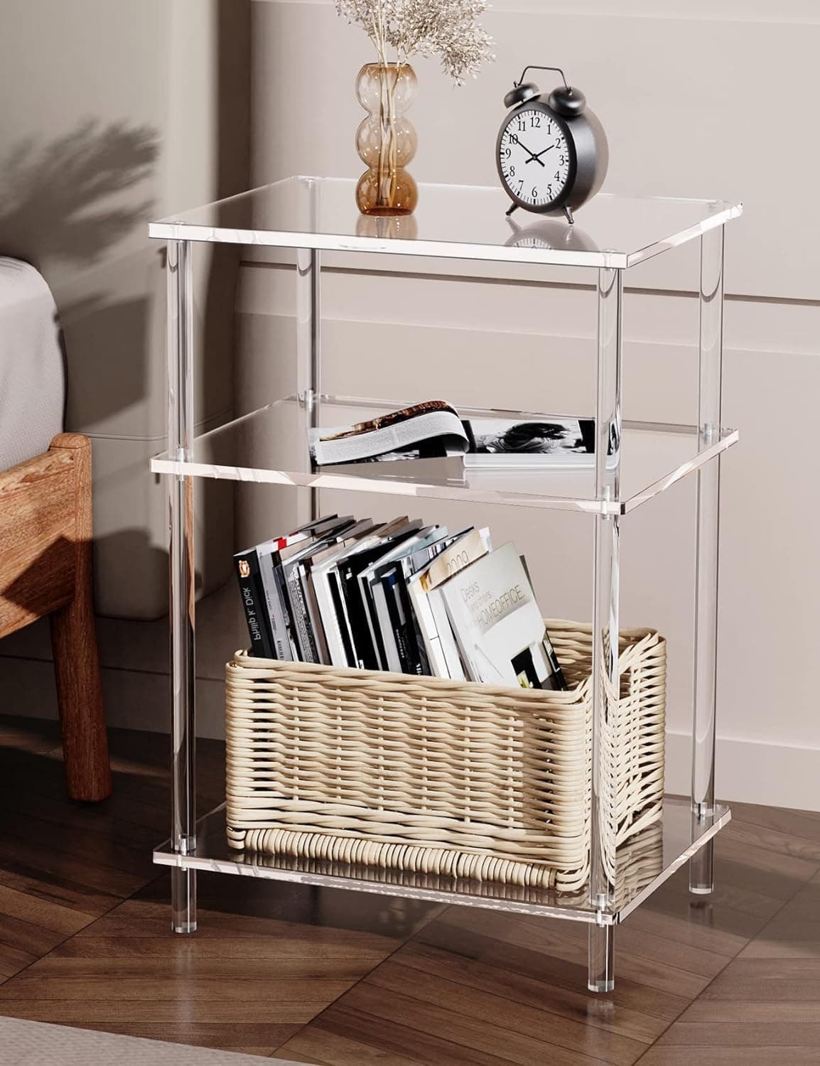 Acrylic Side Table Clear 3-Tier End Table for Living Room, Office, Hallway, Bedroom Small Bedside Table
