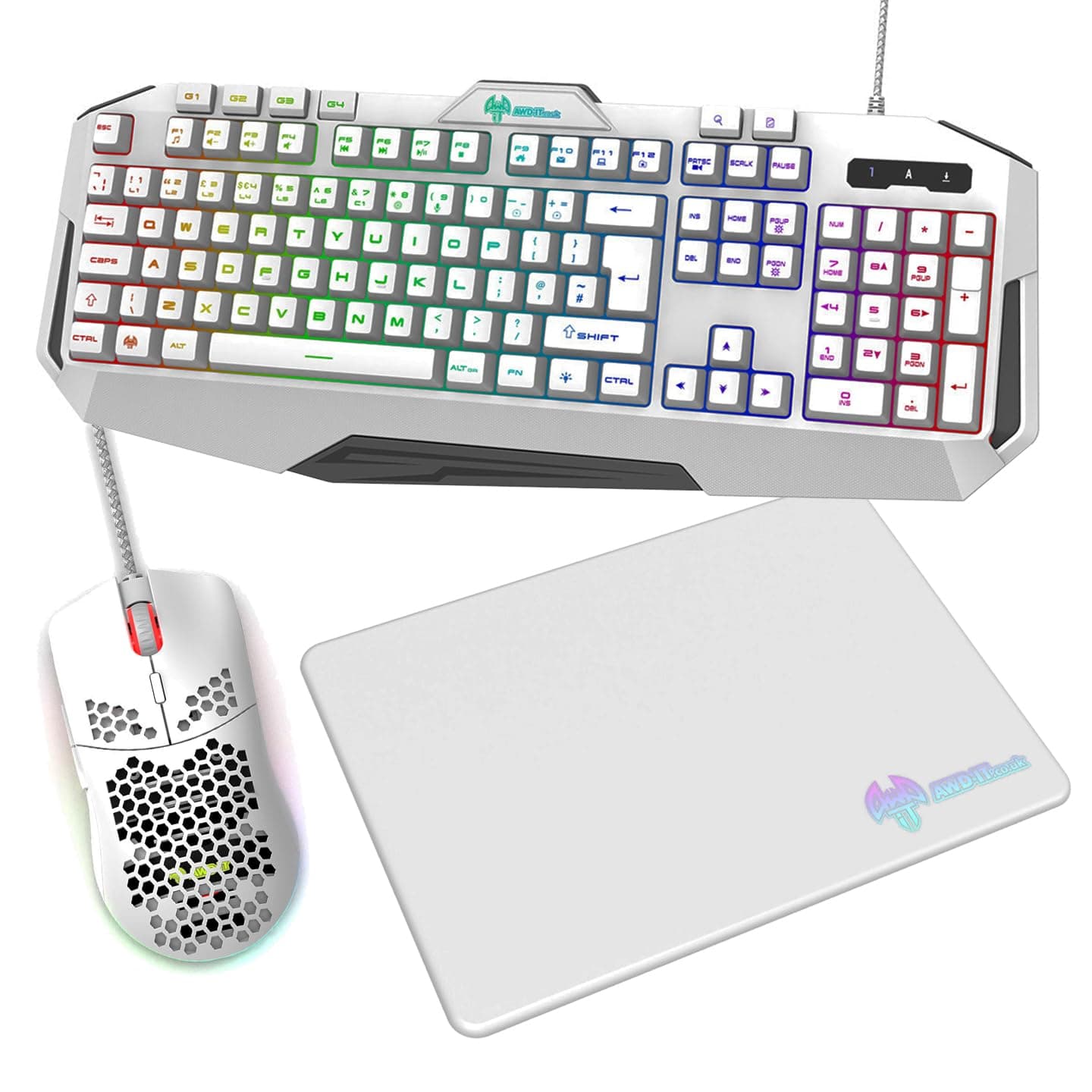 AWD-IT Nebula V2 Gaming Bundle 7 Colour LED RGB Keyboard with Pulsing Mouse and Mat Combo Kit (White)