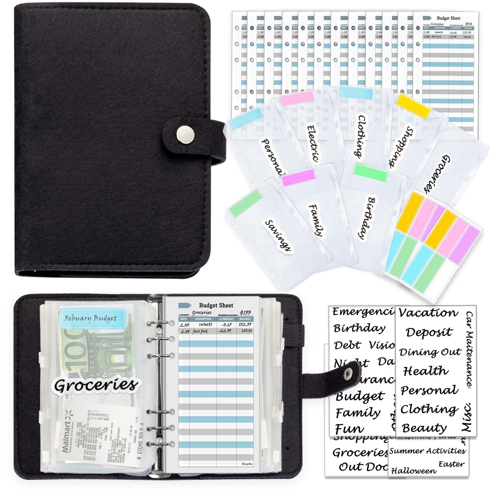 Wool Felt Black A6 Binder, Money Saving Wallet Binder,Silver 6Ring Binder,Cas...