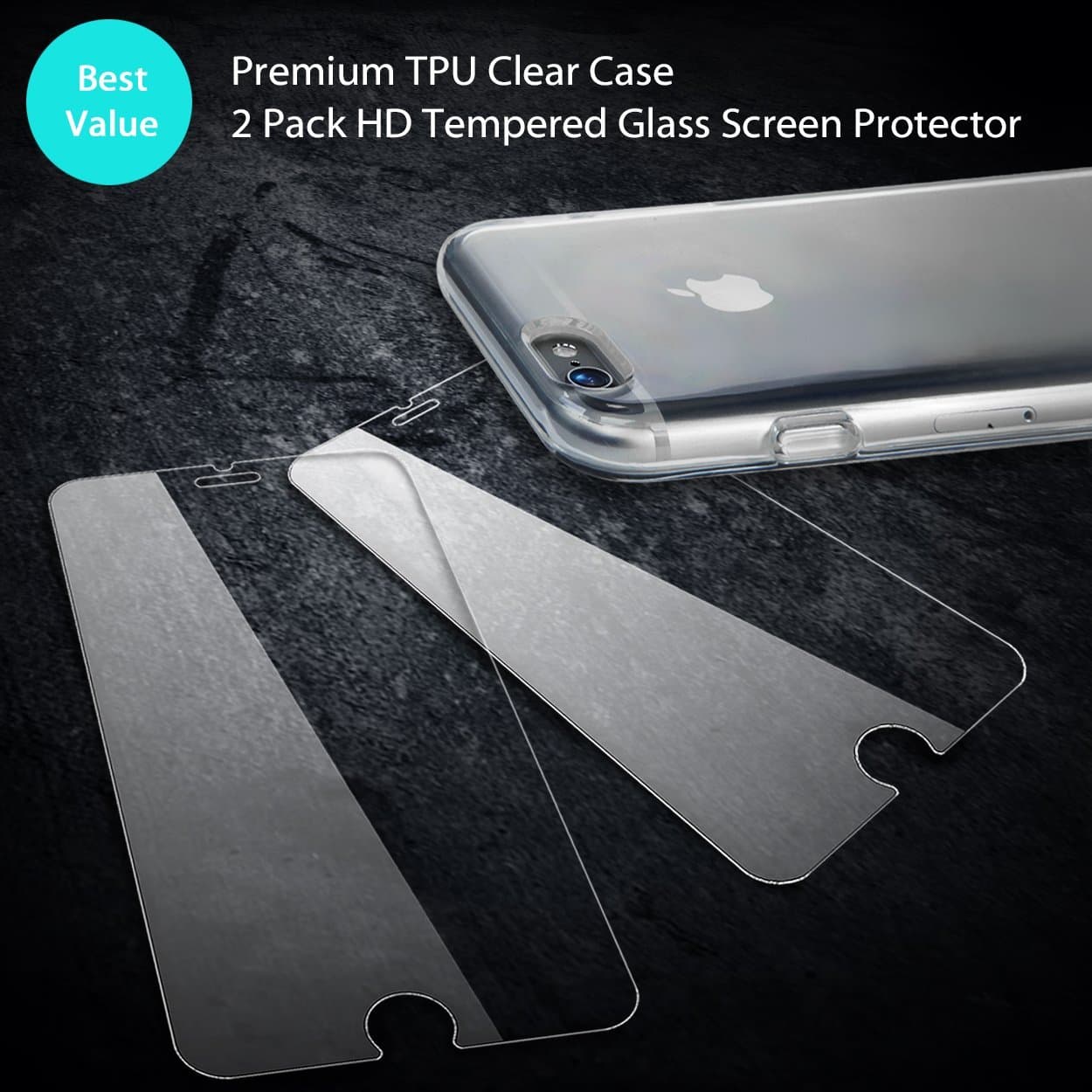 Value Bundle iPhone 6S Crystal Armor Protective Case + 2 Pack 0.33mm 9H Tempered Glass Screen Protector