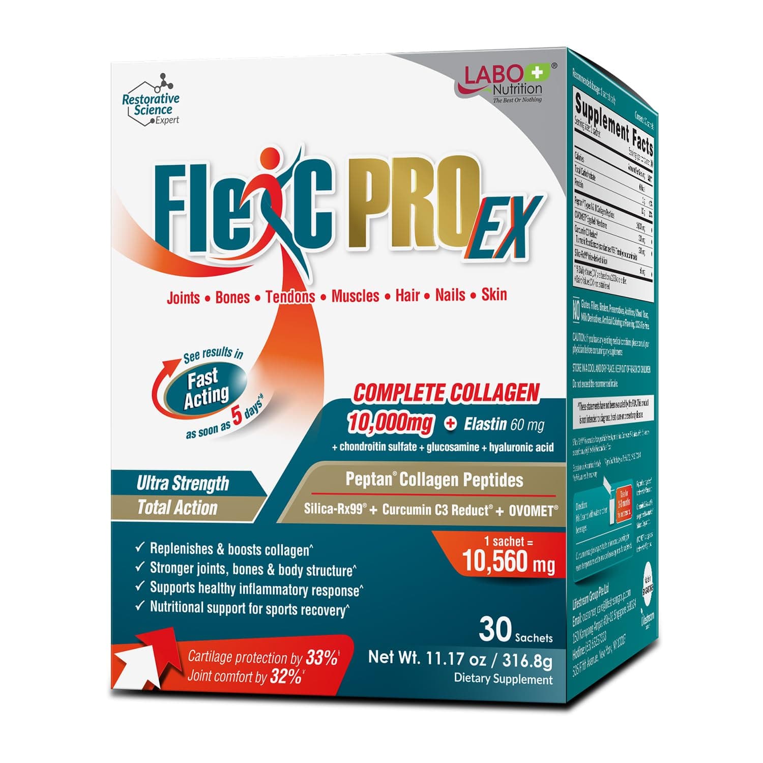LABO Nutrition FlexC PRO EX, Full Spectrum Collagen, Type I, III, V & X, Peptan Collagen, Eggshell Membrane, Water Soluble Silica & Curcumin C3 Reduct, for Hair, Skin, Nails, Joint, Bones, Muscles