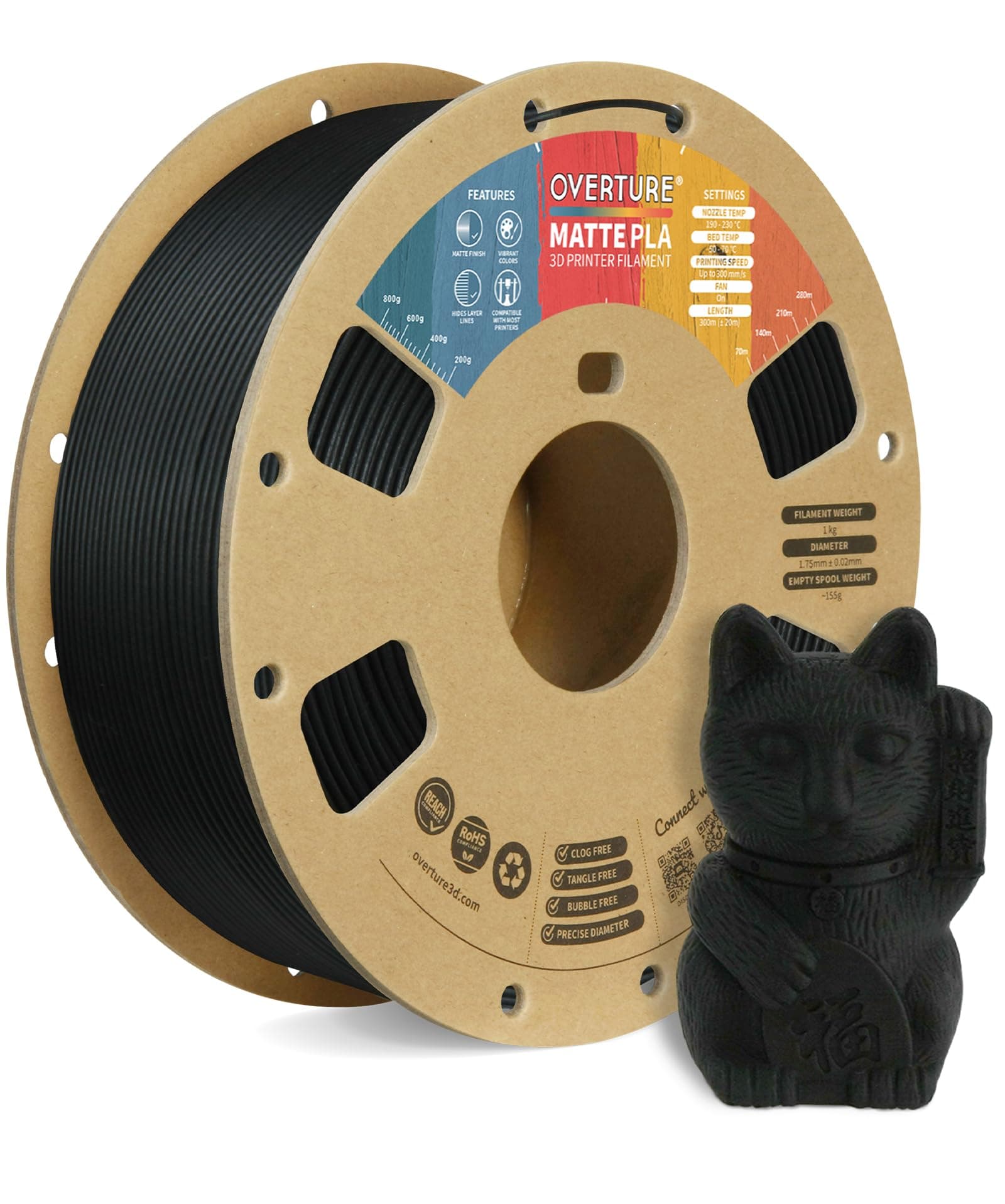 OVERTURE PLA Matte 3D Printer Filament 1.75mm, Matte PLA 1kg Cardboard Spool (2.2lbs), Dimensional Accuracy +/- 0.02 mm (Matte Black)