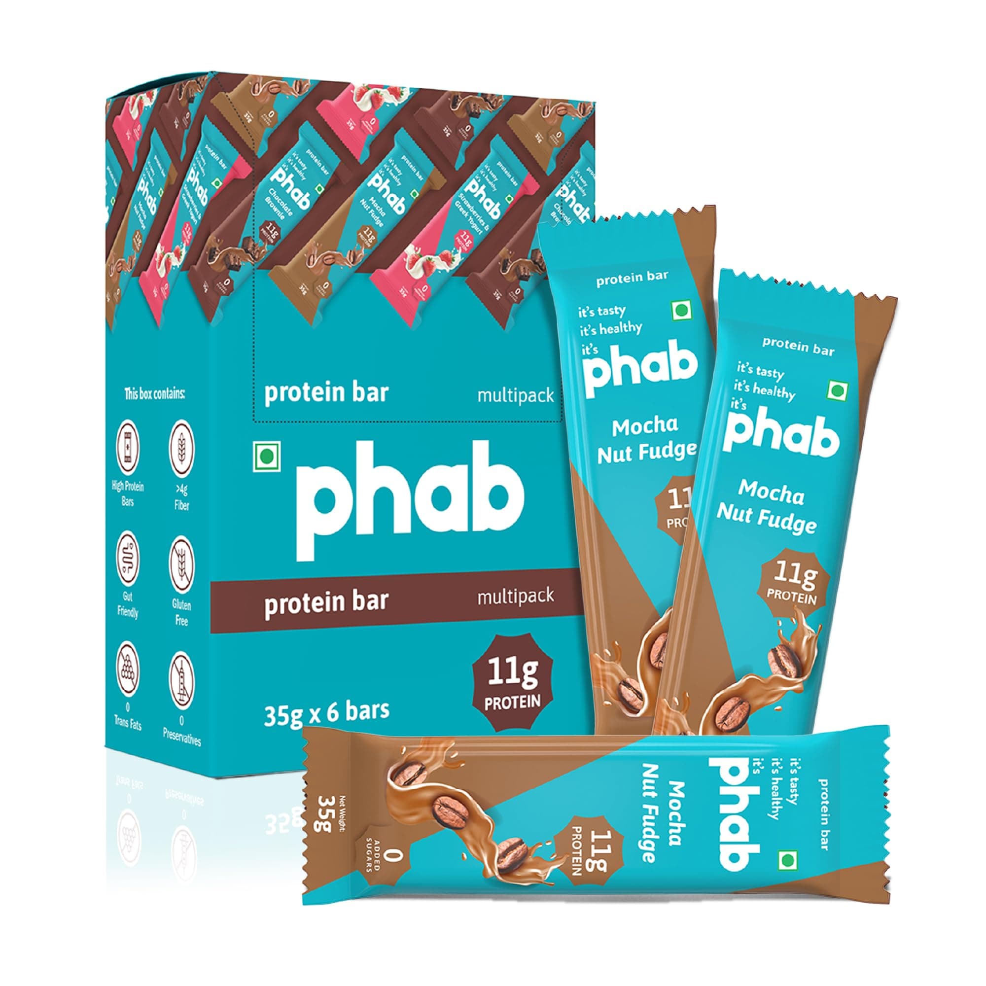 Phab Protein Bars Mini with 11g Protein, No Preservatives, No Artificial Sweeteners, Zero Trans Fats, Goodness of Honey | Pack of 6 x 35g Bars | Mocha Nut Fudge