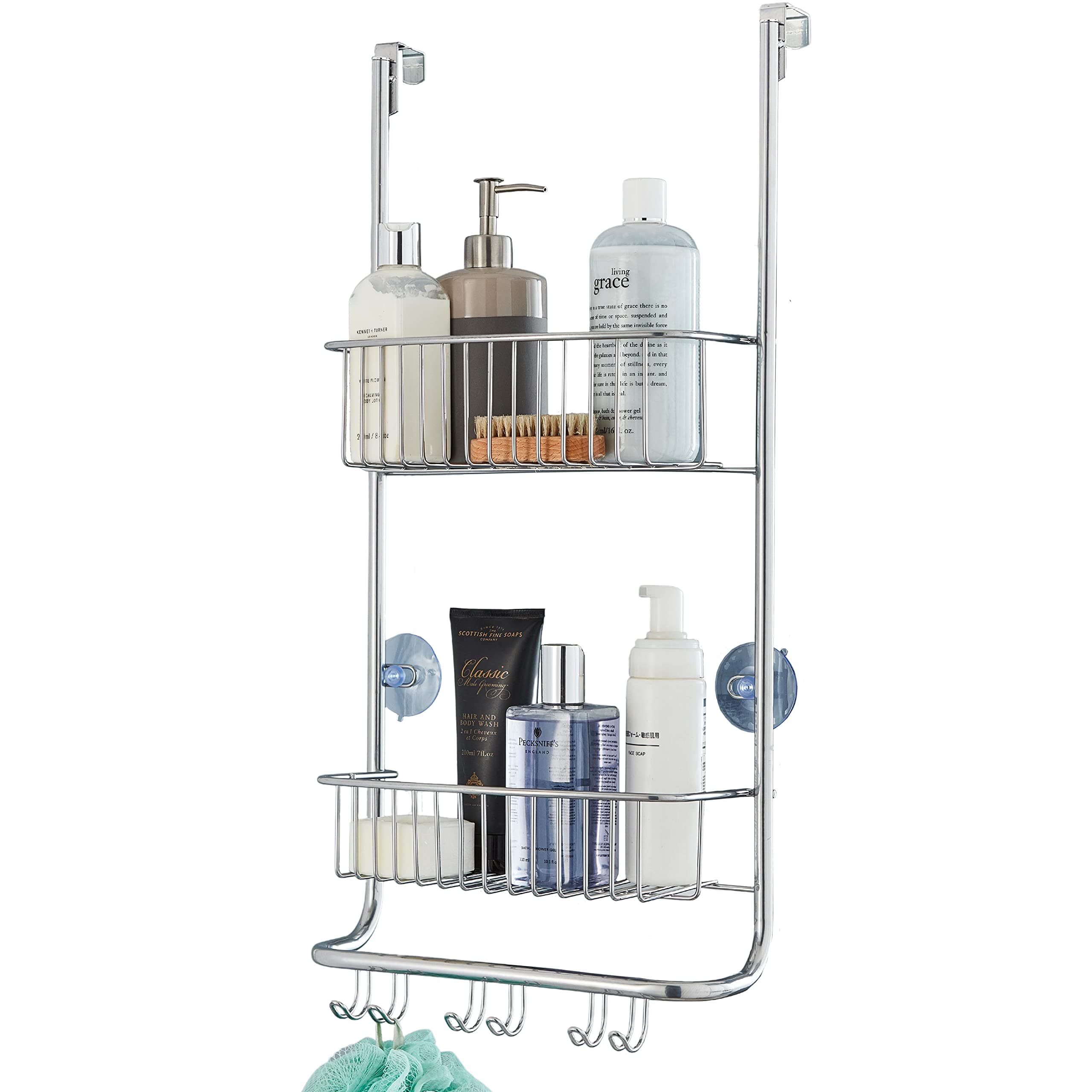 Direct Online Houseware Stylish Metallic Silver Rust-Proof Premium 2 Tier Hanging Shower Caddy - Over Door Metal Storage Racking - 65 H x 30.5 W x 16.5 D - 2 Year Rust-proof Guarantee