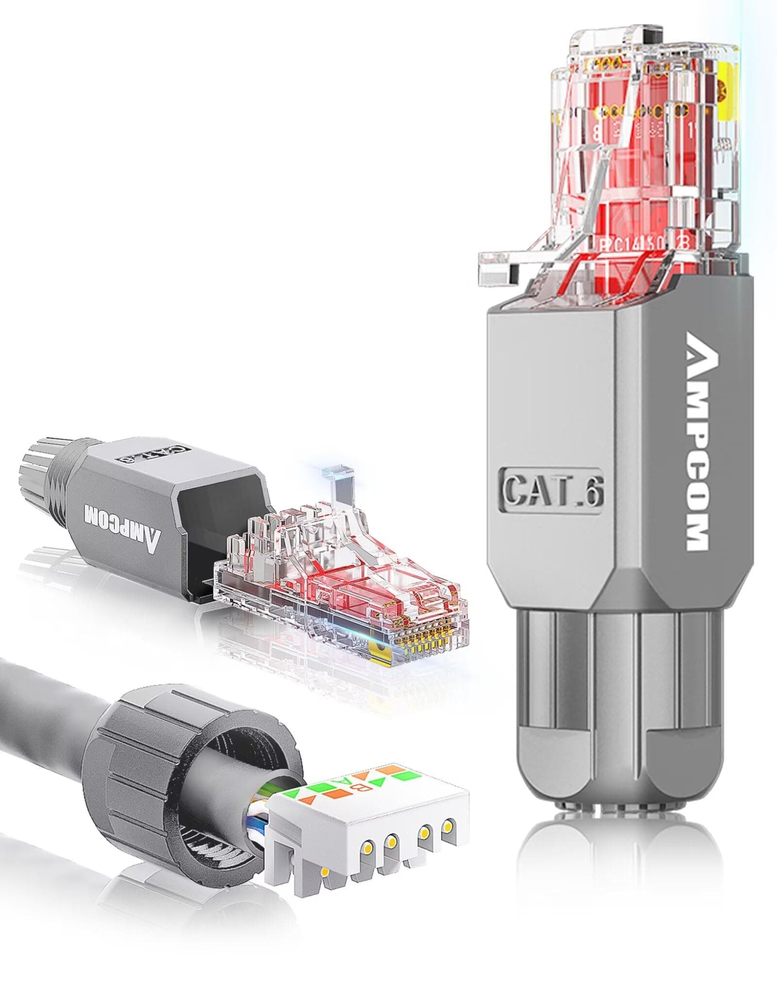 AMPCOM RJ45 Connector(6-Pack) Tool Free Field Termination Modular Plug for Cat6 UTP Ethernet Cable - Gray