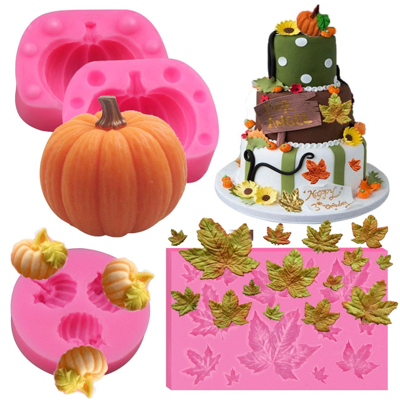 BUSOHA 3 Pcs Pumpkin Silicone Mold, Mini Pumpkin Mold for Fall Harvest Thanksgiving Cupcake Molds, Maple Leaves Fondant Chocolate Candy Molds for Fall Decoration