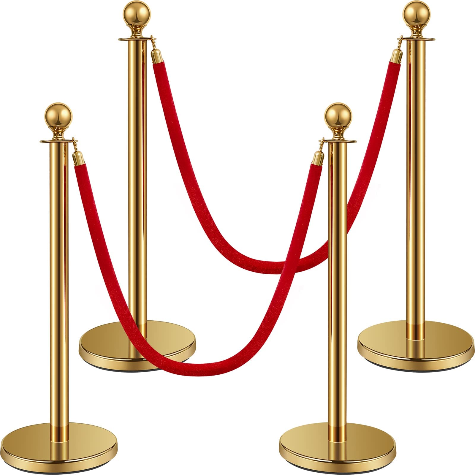 Ferraycle 4 Pcs Stainless Steel Stanchion Post Queue 5 ft Velvet Carpet Ropes and Pole Crowd Control Barriers Grand Opening Casino Theme Party Decorations 360 Photo Booth Accessories (Gold)