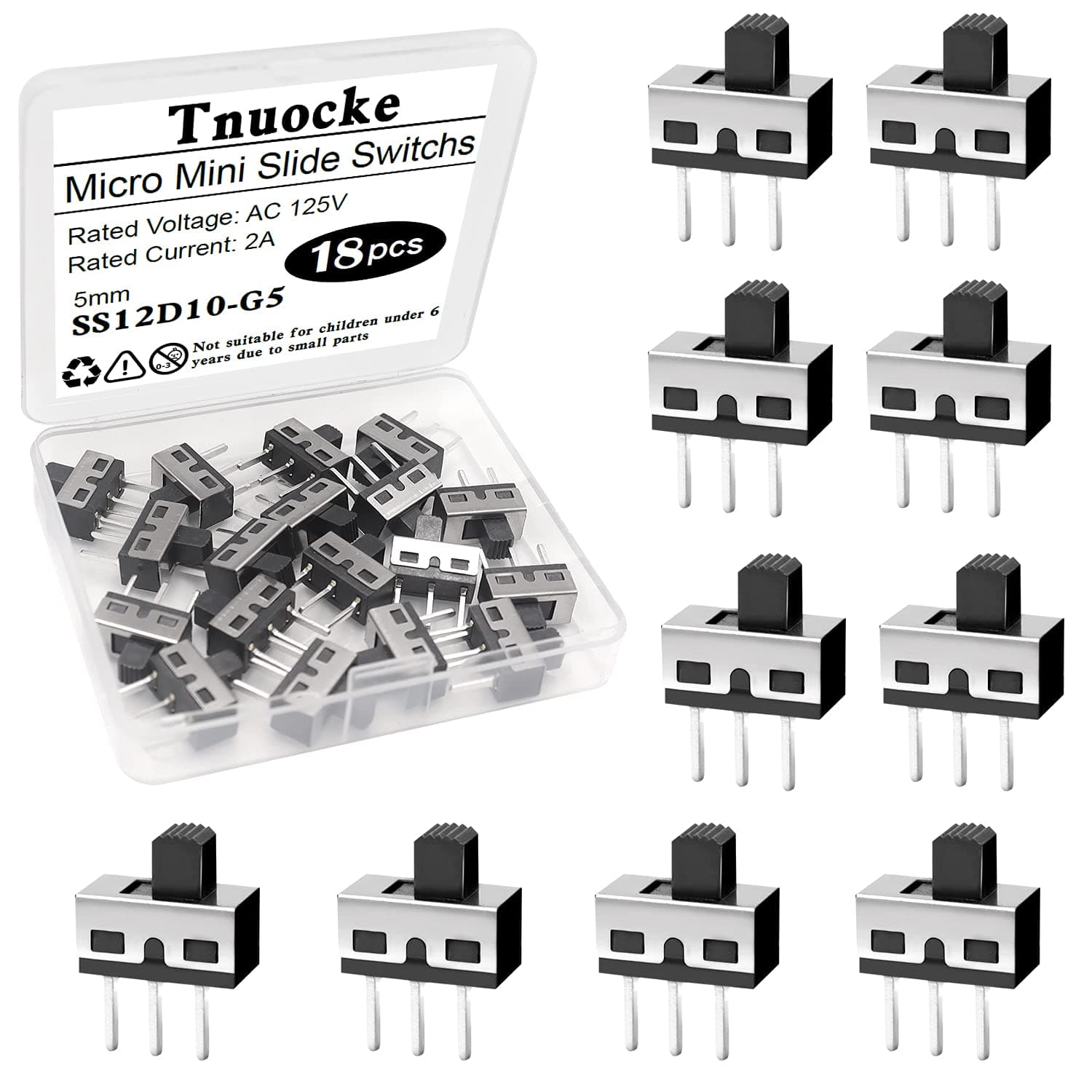 18PCS 5mm High Knob Vertical Micro Mini Slide Switchs,3 Pin 2 Position 1P2T SPDT Toggle Switches Panel Mount AC 125V 2A SS12D10-G5