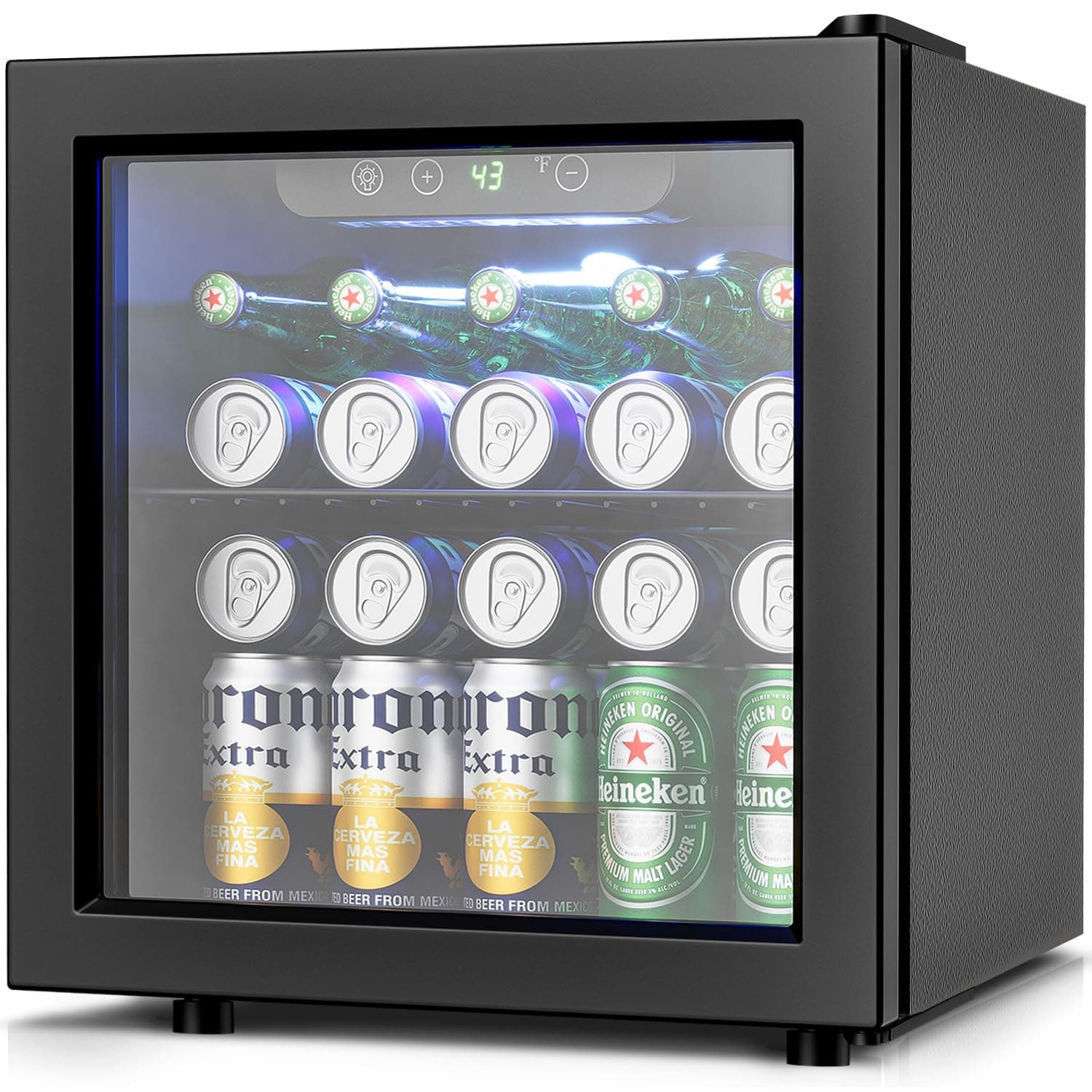 50 Cans Beverage Refrigerator Cooler, 1.3 Cu.Ft Mini Fridge with Glass Door for Soda Beer Drink Wine, Countertop Small Fridge for Bedroom Dorm Office Home Bar, Black