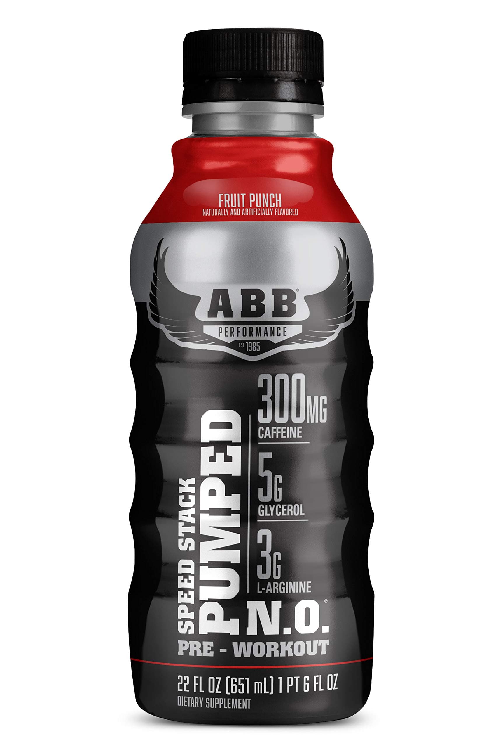 American Body Building (ABB) Speed Stack Pumped N.O, Pre-Workout Energy Shake, High Caffeine and Performance with Zero Sugar, Fruit Punch Flavored, Ready to Drink 22 oz Bottles, 12 Count