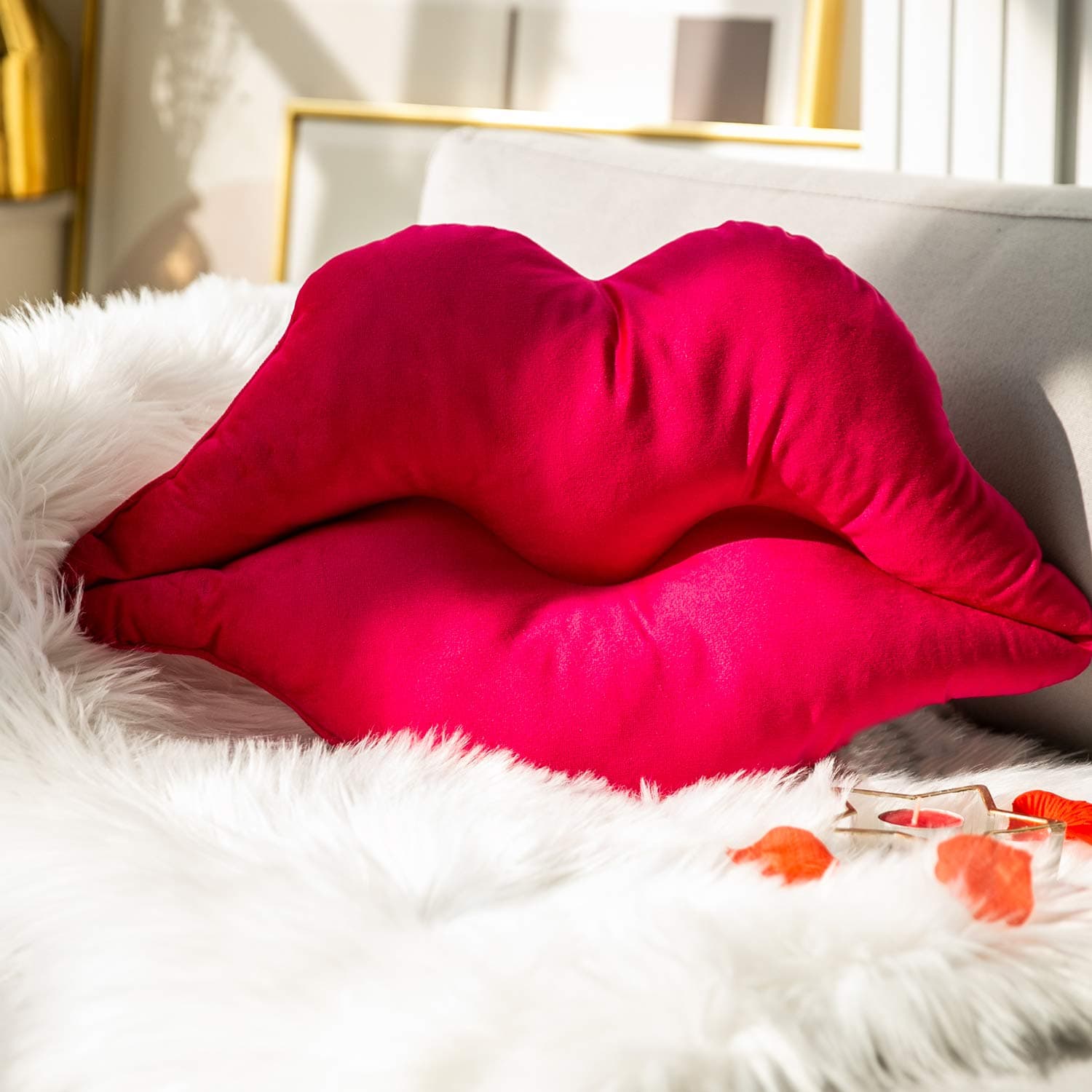 Ashler Lips Throw Pillows Smooth Soft Velvet Insert Included, Lip Shaped Pillow for Bed Living Room, Rose Pink, 24 X 12 inches