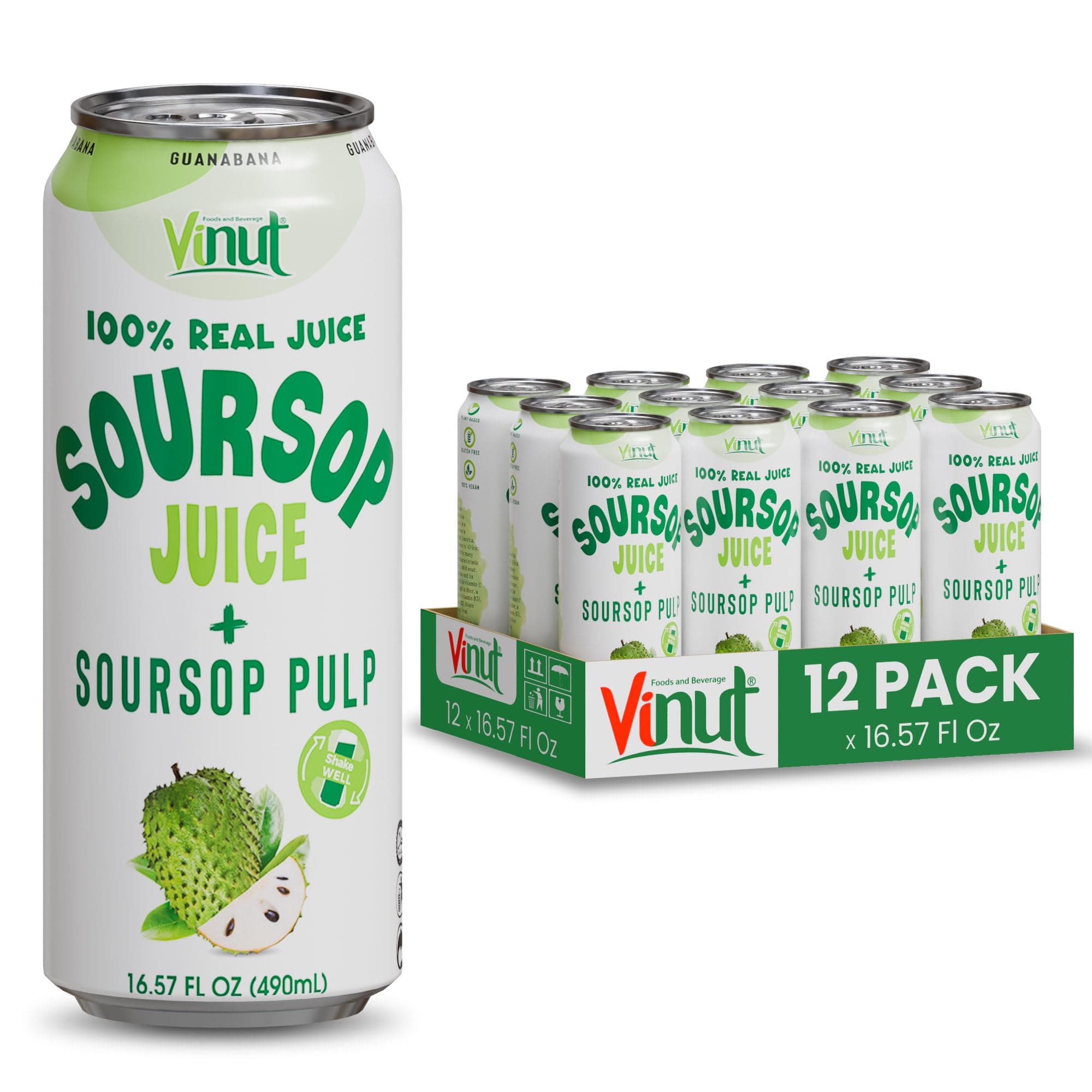 100% Soursop Juice With Pulp (16.57 fl oz, Pack 12), No Sugar Added, Real Guanabana Soursop Graviola Drink, Fresh, Natural, Not from Concentrate (NFC)