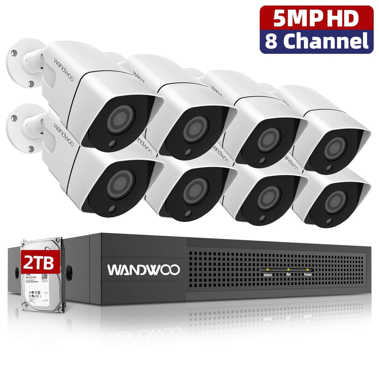 5MP 8 Channel PoE Security Camera System,Wandwoo Home Camera Systems with 2TB Hard Drive and 8Pcs 5MP(2592 x 1920P) Outdoor PoE IP Camera Video Surveillance System, Free App