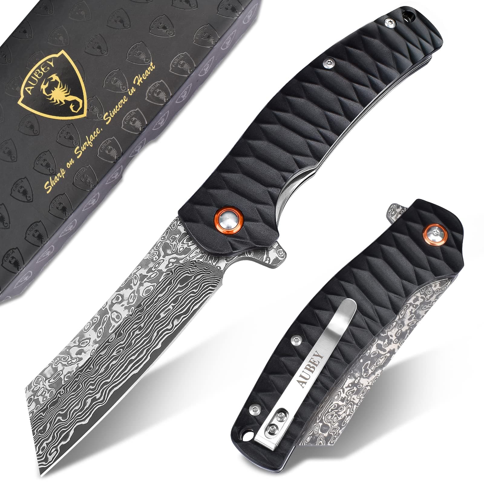 AUBEY Damascus Pocket Knife, 3.34" Damascus Steel Hollow Grind Blade, Folding Knife with Ball Bearing, Aluminum Handle, EDC Knife for Outdoor Camping Hunting