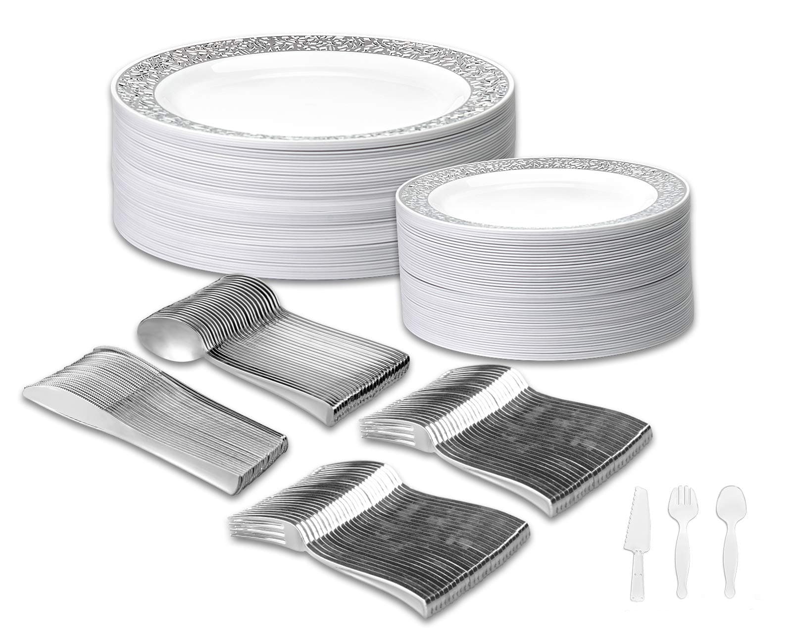 Disposable Wedding Dinnerware Set 303pc/50 Guest Silver Premium | 50 Dinner Plates, 50 Dessert Plates, 100 Forks, 50 Spoons, 50 Knives, 3pc Serving Set (50 Guest Set, Silver)
