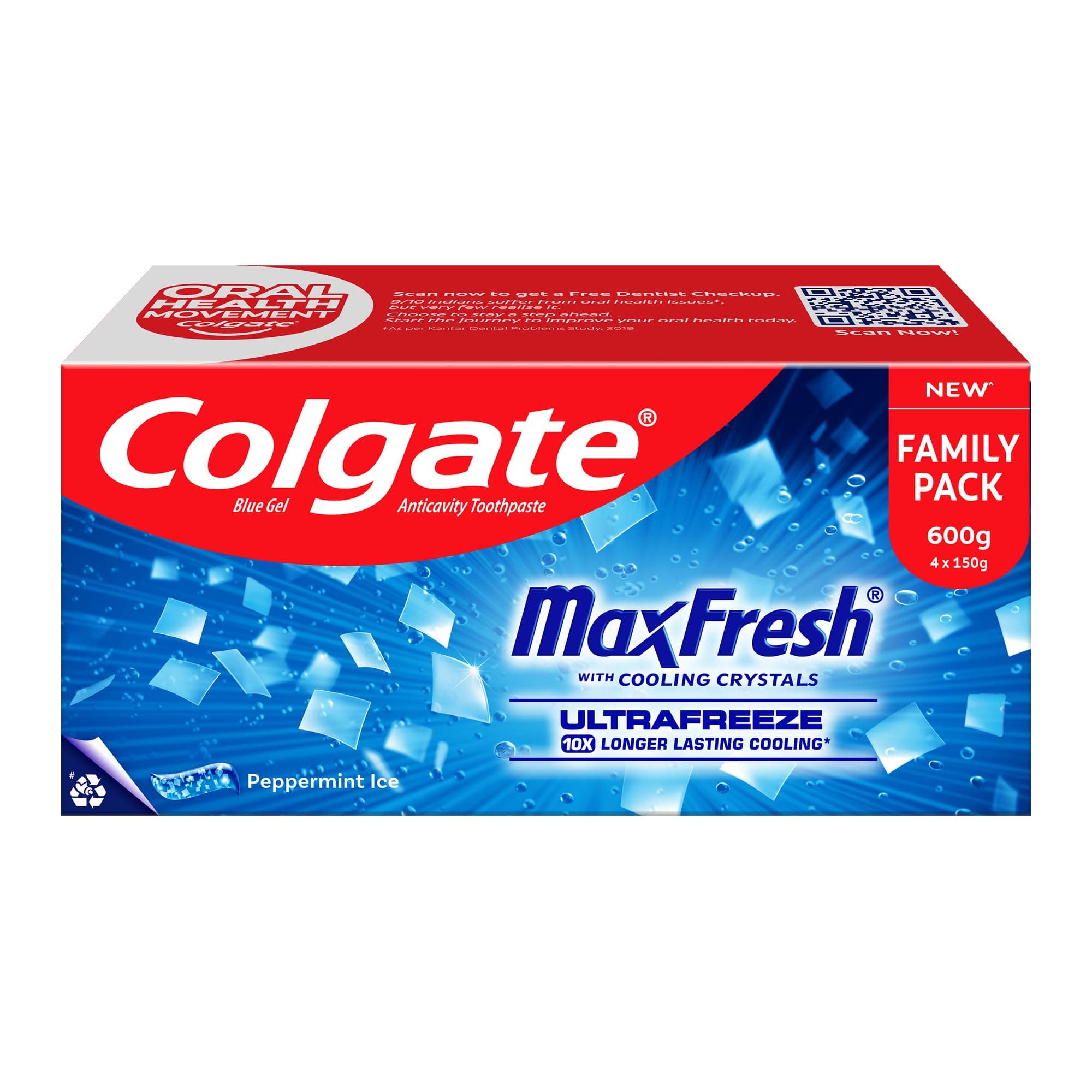 Colgate MaxFresh Toothpaste, Blue Gel Paste with Menthol for Super Fresh Breath, 600g, 150g X 4 (Peppermint Ice, Combo Pack)