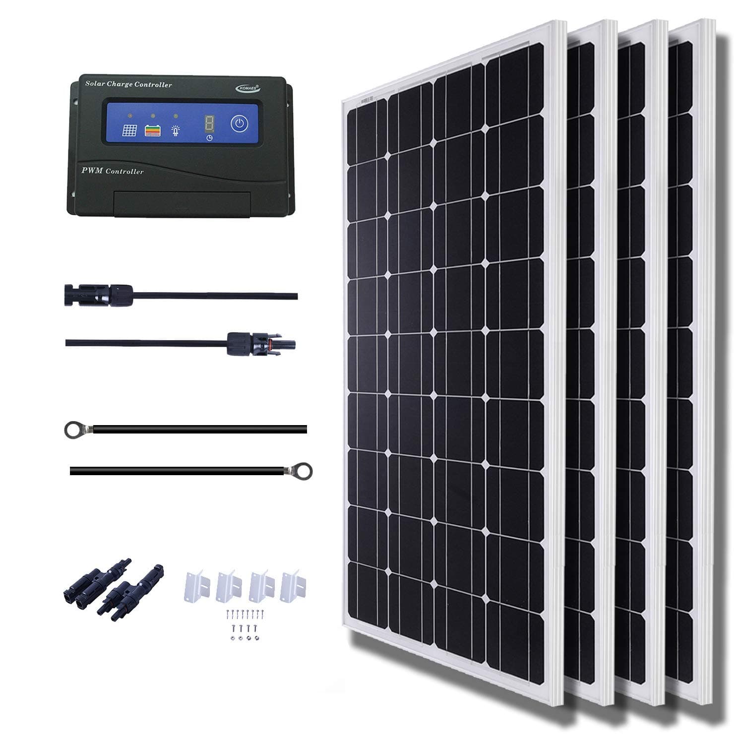 400 Watts 12Volts Monocrystalline Solar Panel Kit Includes 20Amp PWM Solar Charge Controller, 20ft Tray Cable, 20ft MC4 Cable, Branch Connector,Z Brackets for RVs,Trailers,Boats,Sheds,Cabins