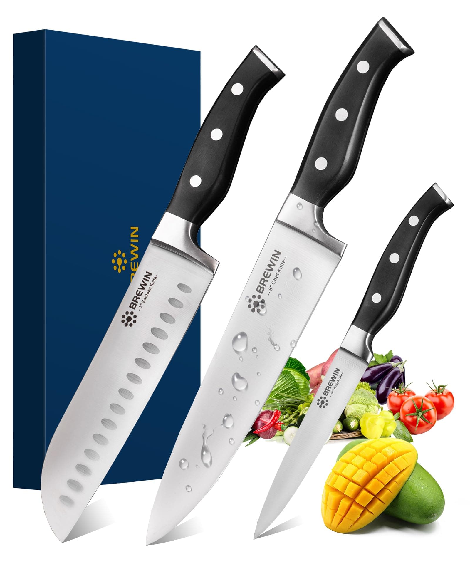 Professional Chef Knife Set 3PCS, Ultra Sharp Knives Set for Kitchen High Carbon Stainless Steel Kitchen Knife Sets Full Tang Ergonomic Handle Japanese Cooking Knife with Gift Box