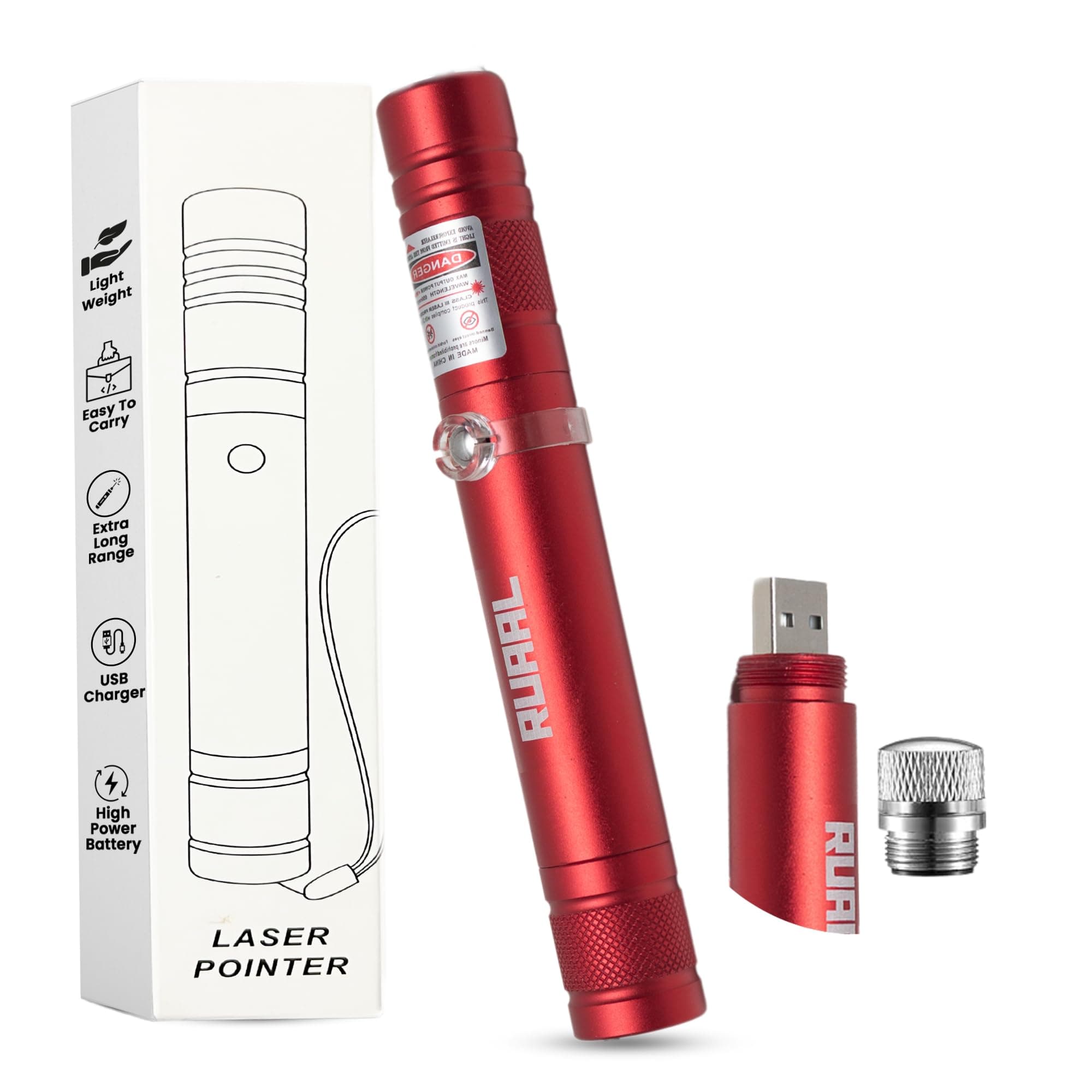 Ruaal Red Laser Pointer High Power | Smart USB Rechargeable Laser Light Pen | Laser Light Powerful Long Range 2,500m Beam | Laser Pointer for Presentation, Stargazing, Outdoor Use