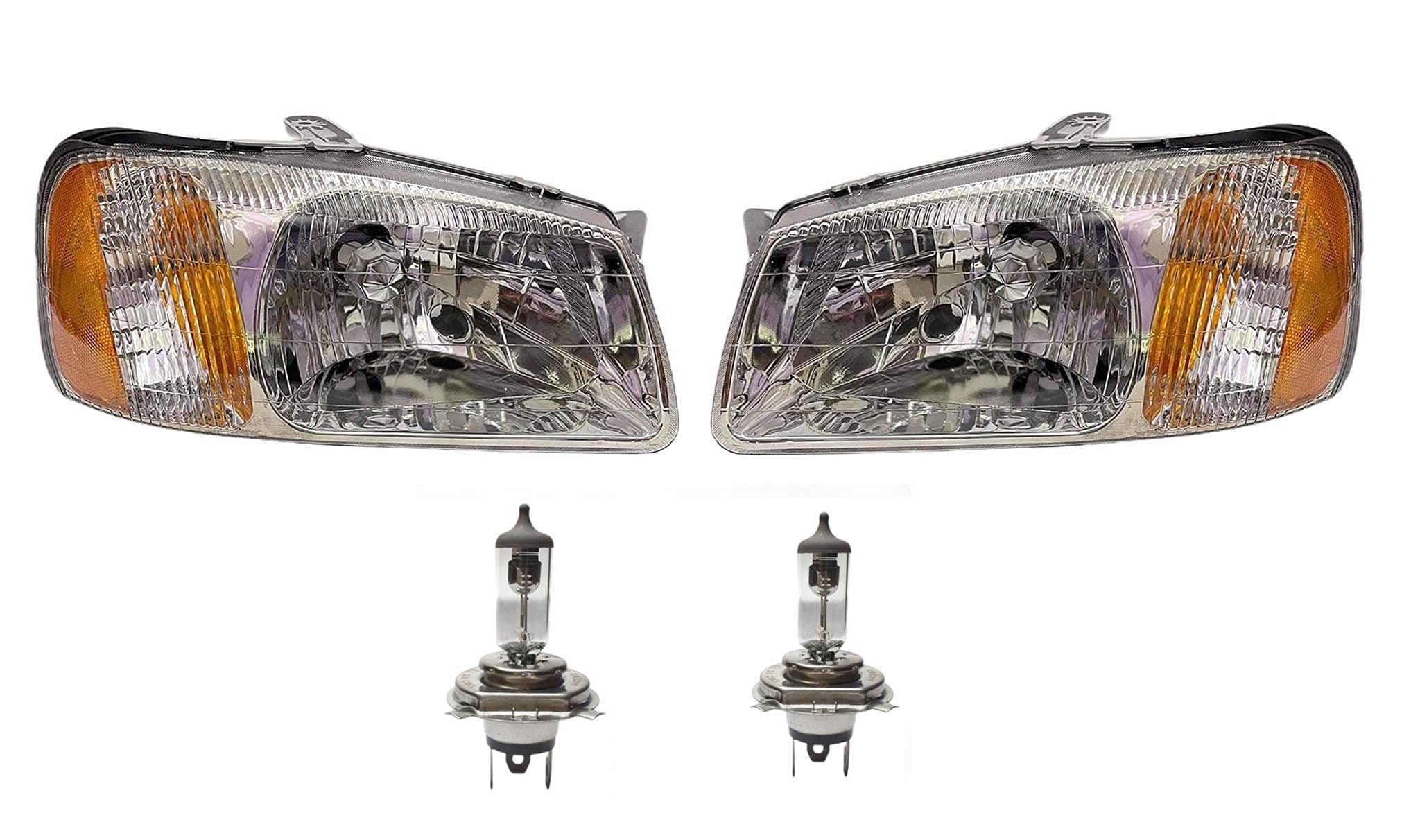K D Headlight Assembly For Hyundai Accent With Bulb H4 12V 55/60W Type 2 (Both Sides) 1999-2012 Pair ( Without Adjustable Motor), Halogen