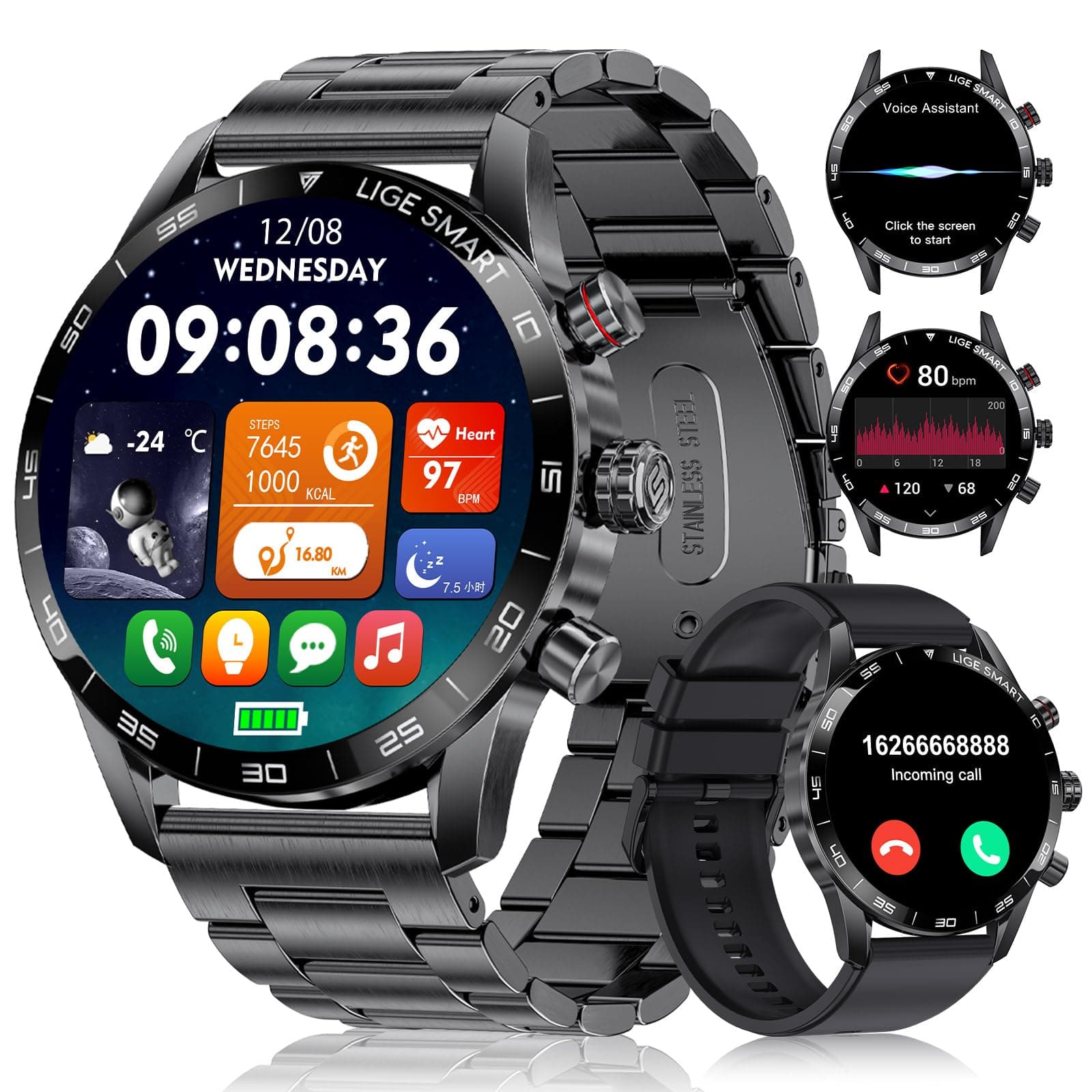 LIGE Smart Watches for Men,1.43“ Amoled Display with Bluetooth Calls/Message Push, 100+ Sport Modes Blood Pressure/Heart Rate Tracker IP67 Waterproof Smartwatch for Android iOS Phones Black