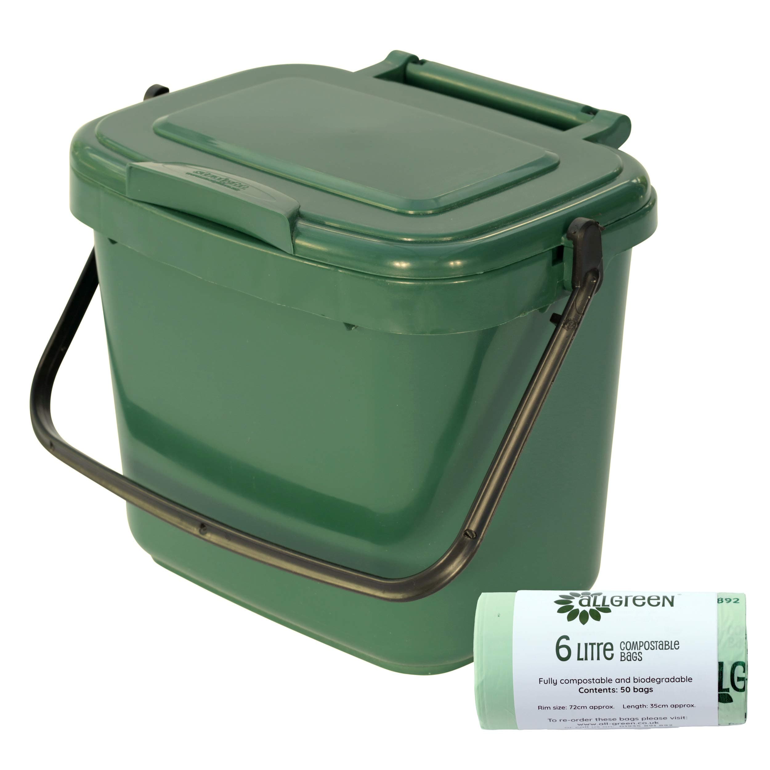 Green Kitchen Compost Caddy (5L - Small) & 50x 6L Compostable Bags - for Food Waste Recycling (5 Litre) - 5L Plastic Composting Bin