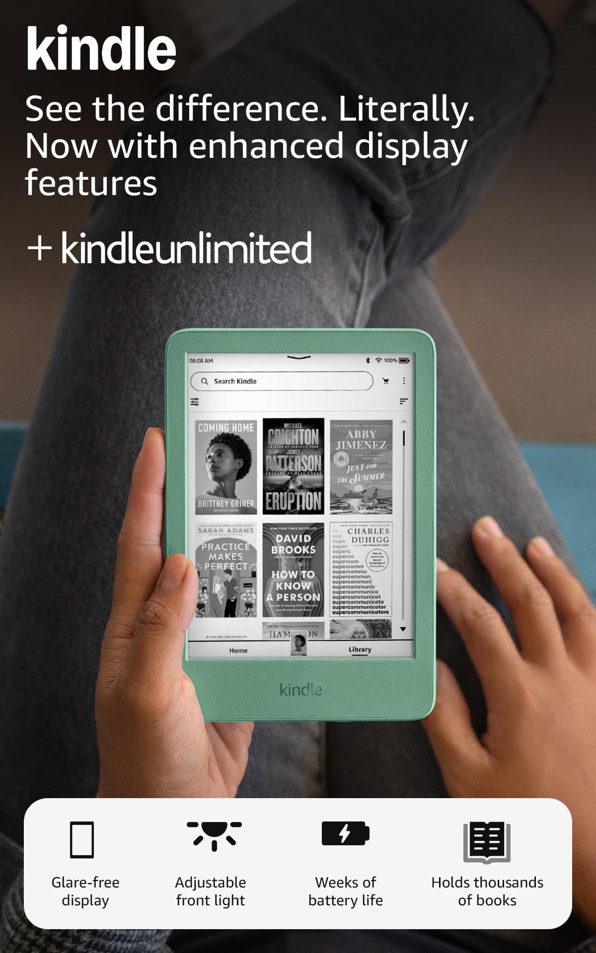 Amazon Kindle 16 GB (newest model) - Lightest and most compact Kindle, for an enhanced reading experience - Without Lockscreen Ads - Matcha + 3 Months Free Kindle Unlimited (with auto-renewal)