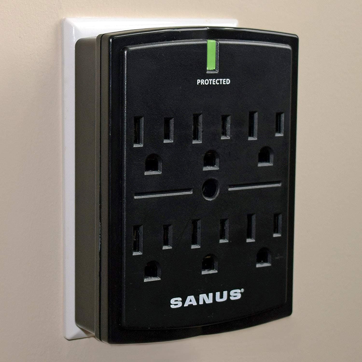 SANUS On-Wall Low Profile 1080J Fireproof Surge Protector With 6 AC Outlets & 3 Lines Of Protection - Includes Power Signal Filtering & Mounting Screw