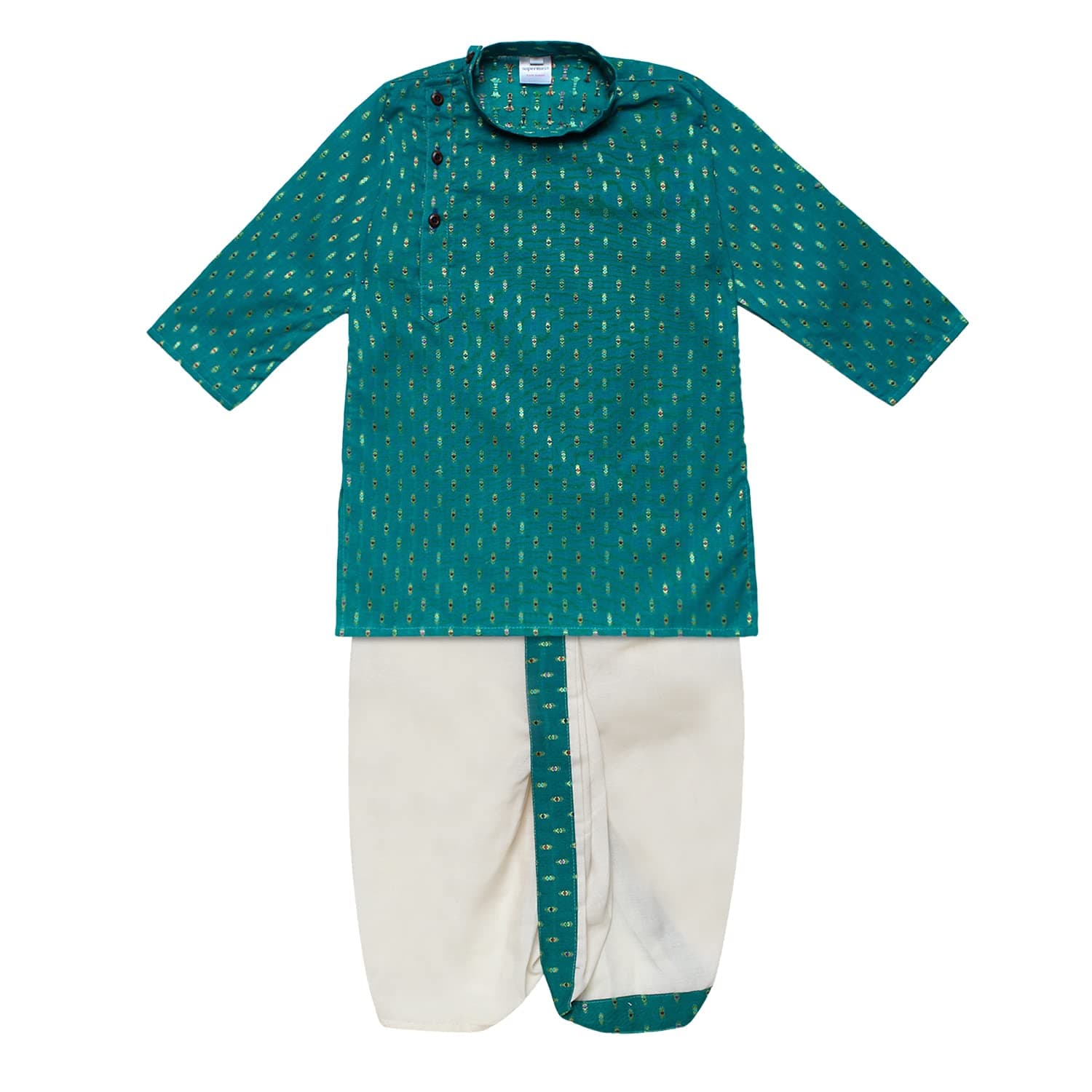 Boy's Cotton Kurta with Dhoti - Golden Thread Work, Side Button Kurta Set for Ethnic Wear