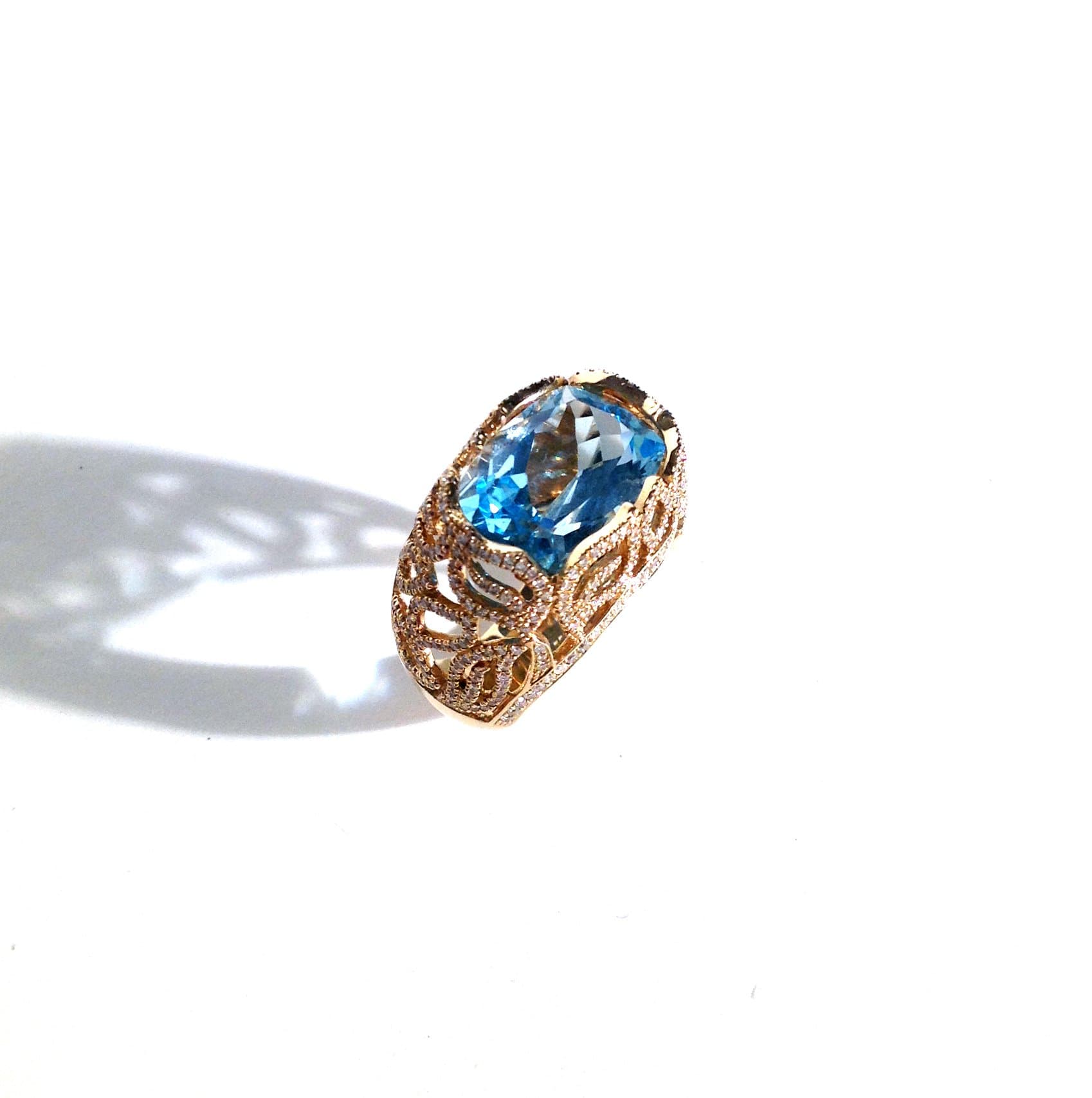 9.40 TCW Rectangular Blue Topaz Filigree Design Encrusted in Diamonds 14k Ring