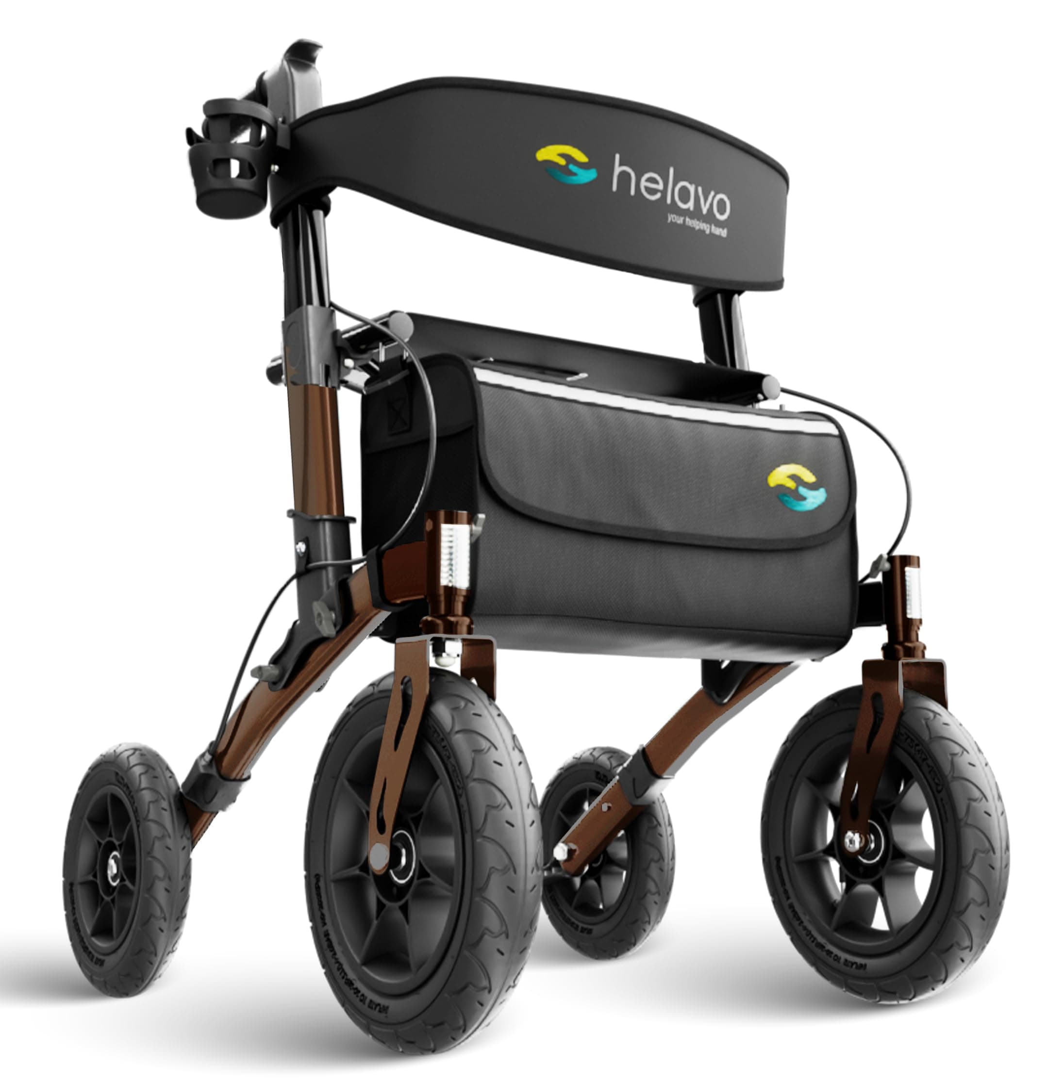 Helavo All Terrain Walker with Puncture-Proof, Flat-Free Solid Rubber Tires - Foldable Outdoor Walker for Seniors with Seat - Best Comfort on All Surfaces