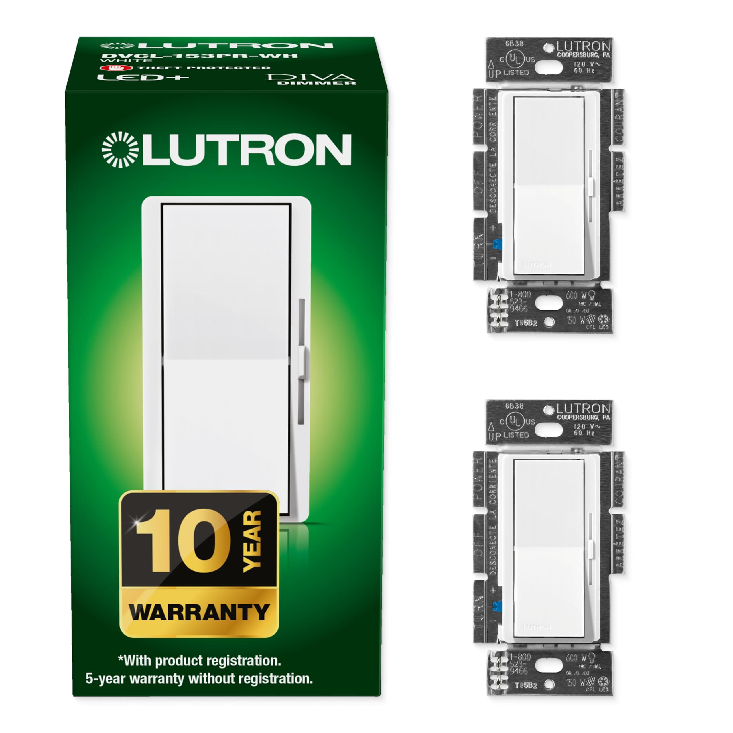 Diva LED+ Dimmer Light Switch for Dimmable LED, Halogen, and Incandescent Bulbs, 150 Watt, Single-Pole or 3-Way, DVCL-153P-WH, White (2-Pack)